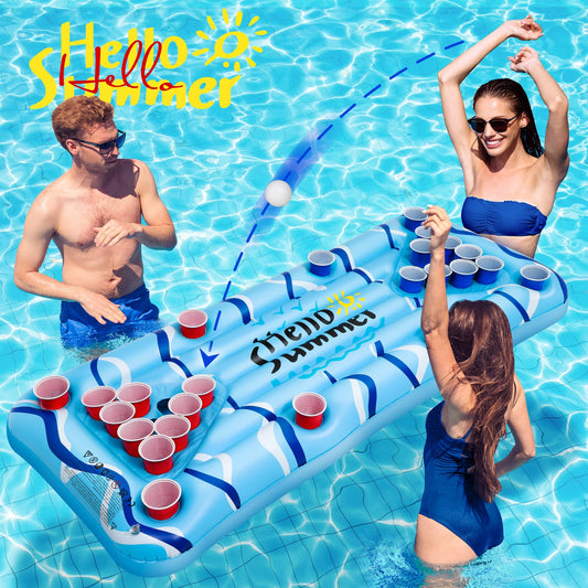 Popolic Pool Pong Game Inflatable Pong Table Air Mattress 175 x 75 cm Pool Mat Including 24 Plastic Cups and 2 Ping-Pong Balls Cool Summer Party Game