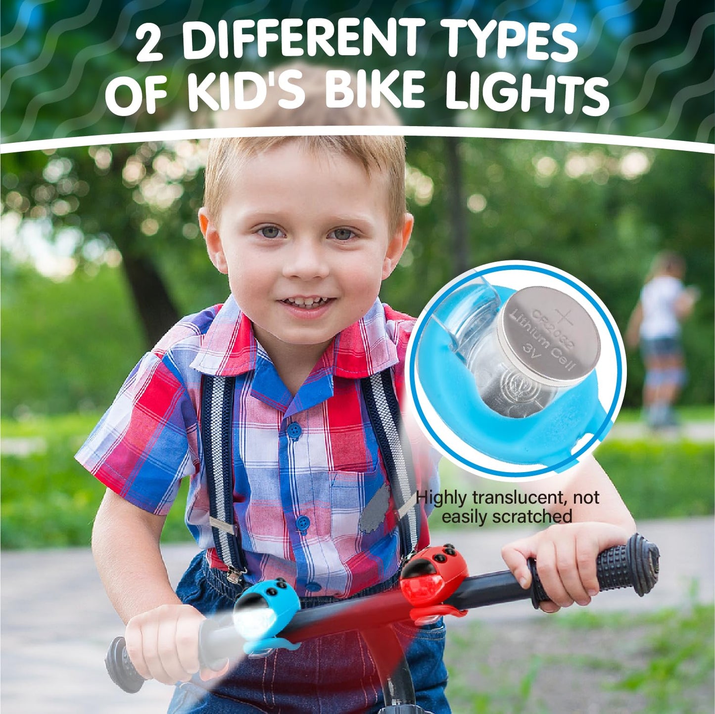 Gofimyee 2 Pack Kids Scooter Light, IPX5 waterproof with 3 light modes for added safety on children's scooters, hiking poles, or backpacks.