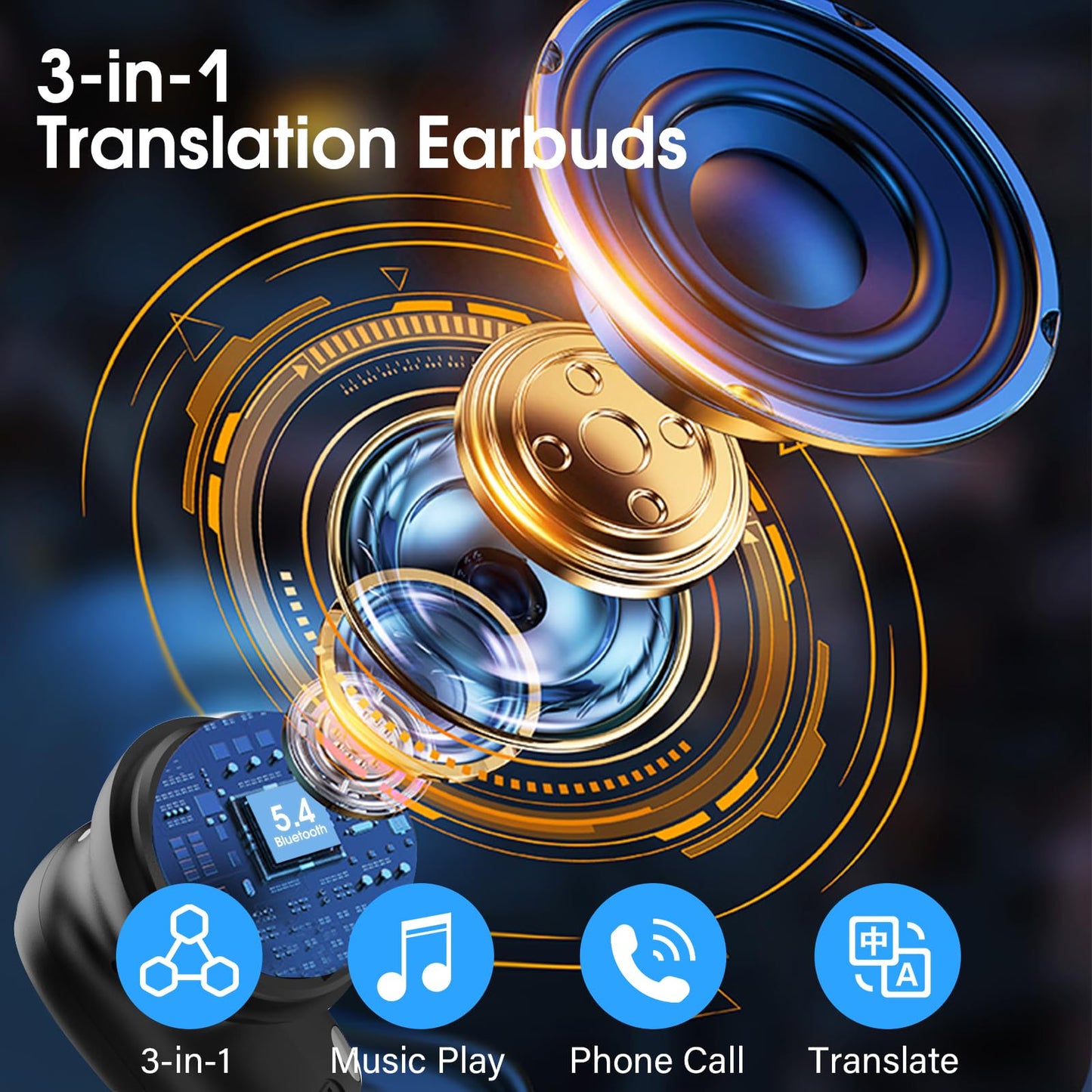 Headphone translator, 3-in-1 real-time language translator headphones, economic, deep black.
