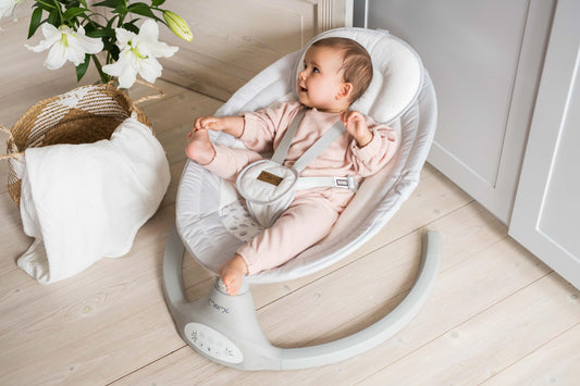MoMi KENANI baby bouncer for children up to 9 kg, foldable, with remote control & Bluetooth to connect to smartphone, battery or power supply, with 5-point safety harness, sunshade, insect net