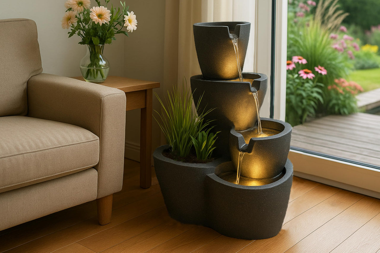 Indoor fountain with lighting Botana garden fountain plantable fountain terrace fountain (LED: warm white)