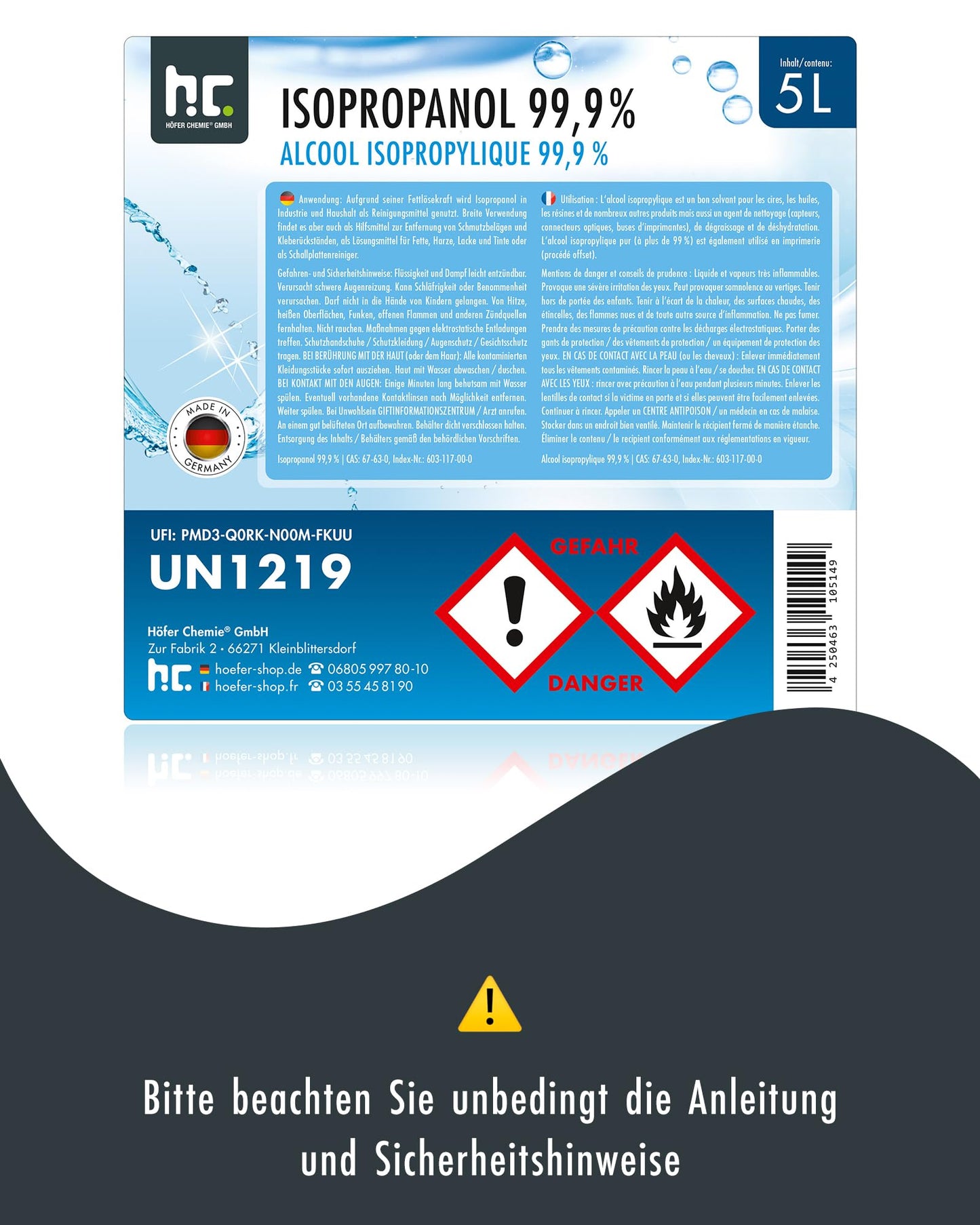 5L Isopropanol 99.9% IPA by Höfer Chemie freshly filled in a convenient 5L canister - perfect as a solvent and grease remover.