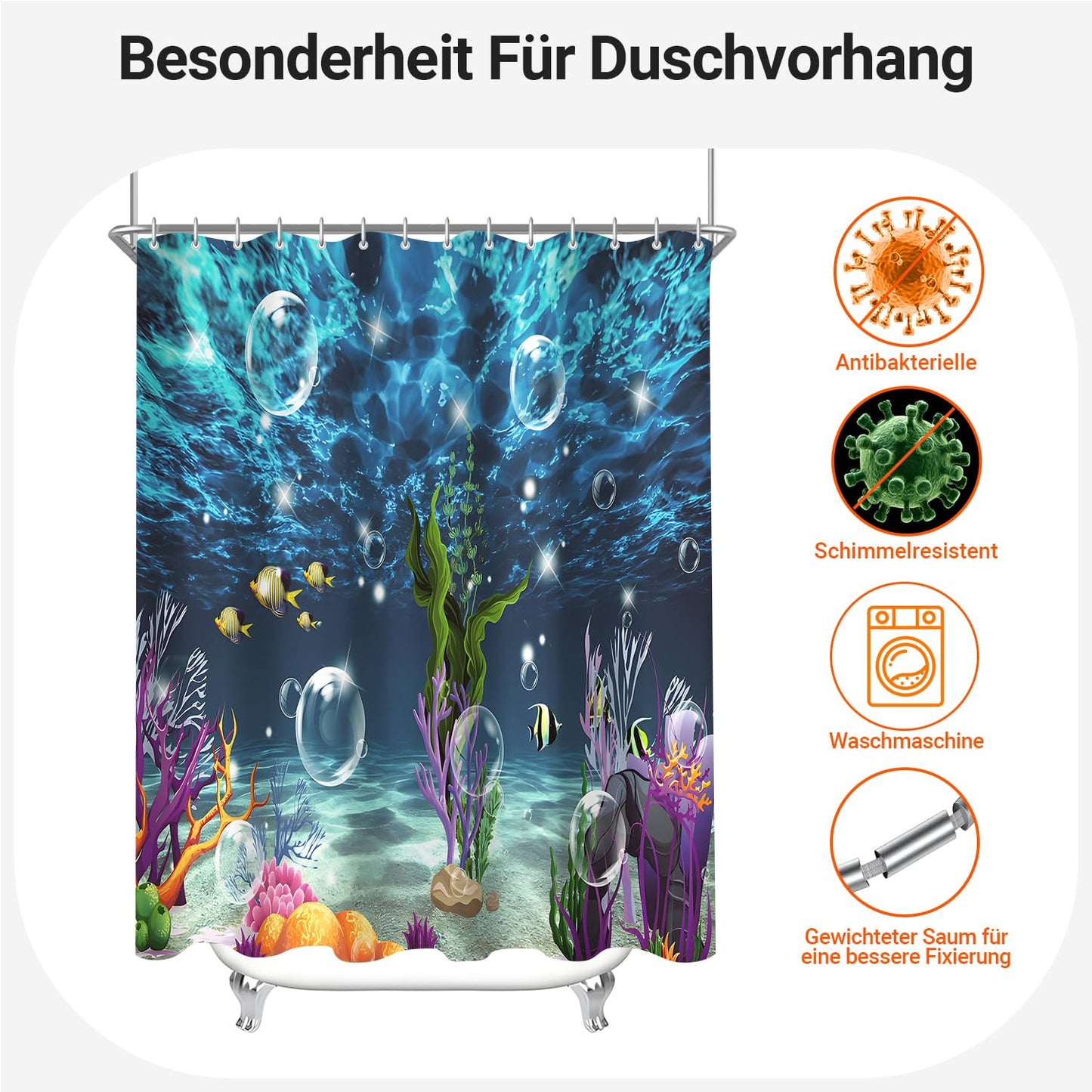 Lerores shower curtain 240x200cm colorful seabed, weighted hem anti-mold fabric, water repellent, washable polyester shower curtains with 16 eyelets and shower curtain rings for bathroom, bathtub