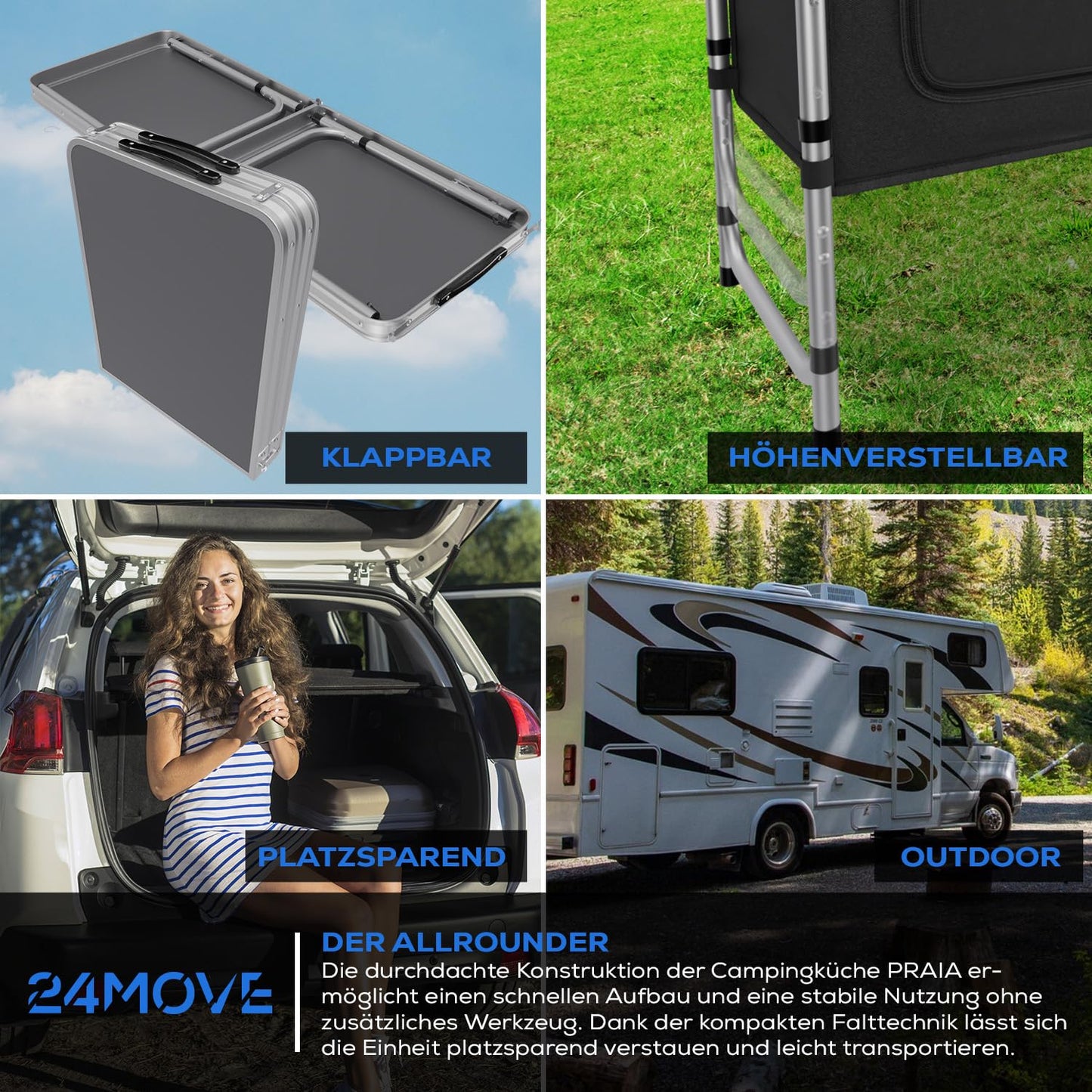 24MOVE® Camping Kitchen Praia, foldable and adjustable camping cupboard made of aluminum with worktop and storage compartments, suitable for outdoor camping, portable.
