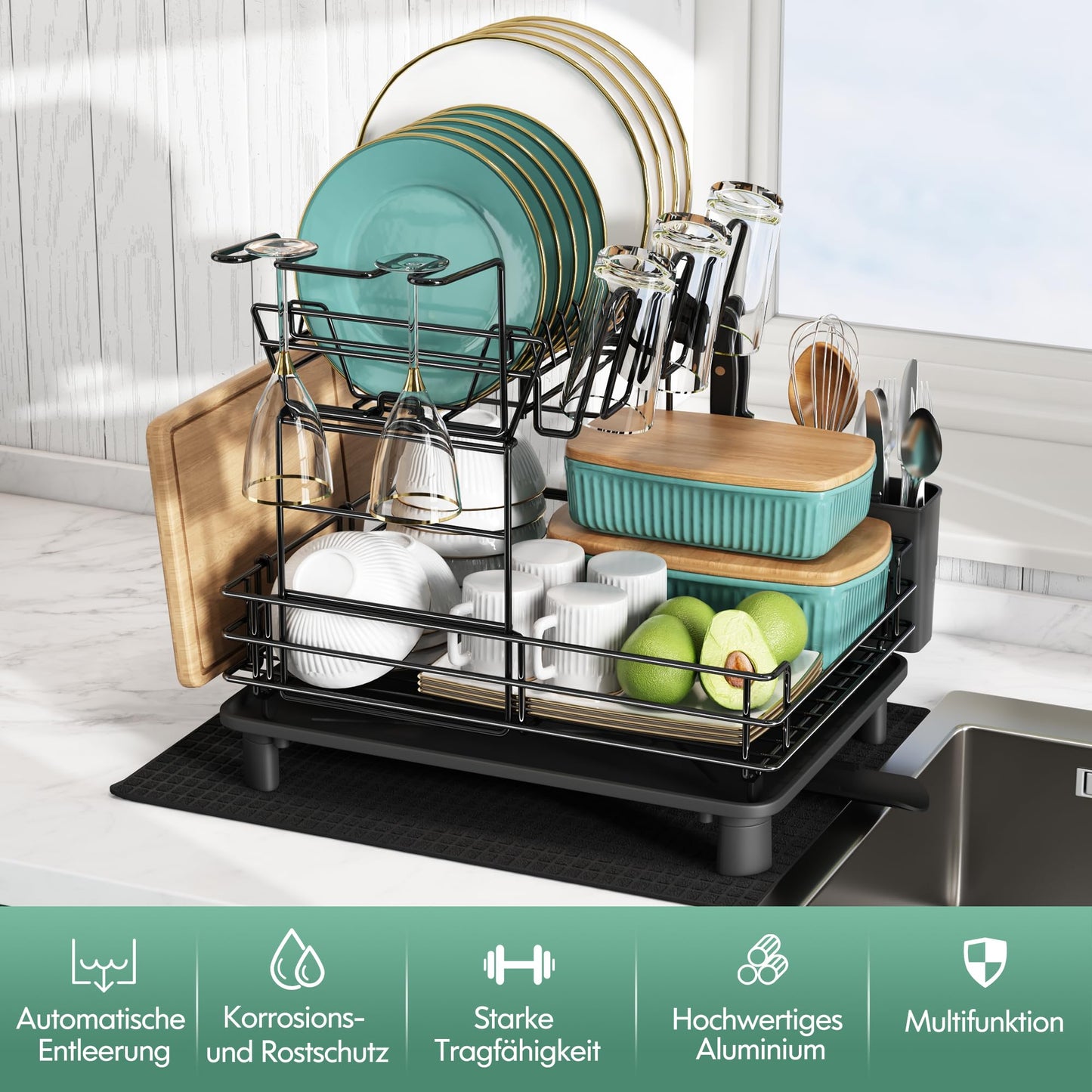MAJALiS Dish Drying Rack, 2-tier stainless steel dish drying rack with drip tray and drying mat, dish rack with utensil holder, dish dryer for kitchen counter, black.