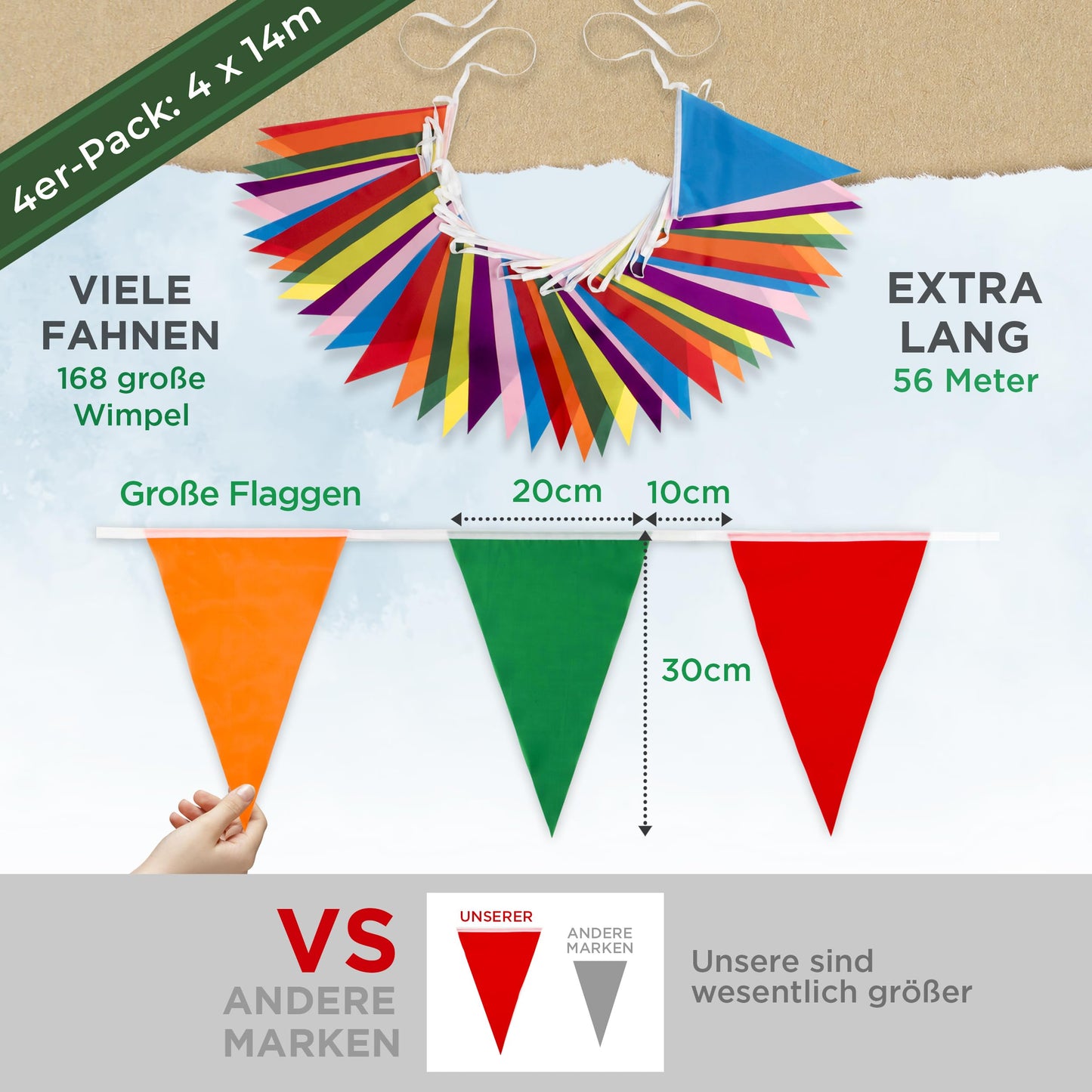 Premium Reusable Outdoor Weatherproof Bunting - Waterproof Fabric Garlands Outdoor Banner Party Decoration - Rainbow Bunting Birthday, Garden Party, Summer Party Decor (56m, 168 Large Flags)