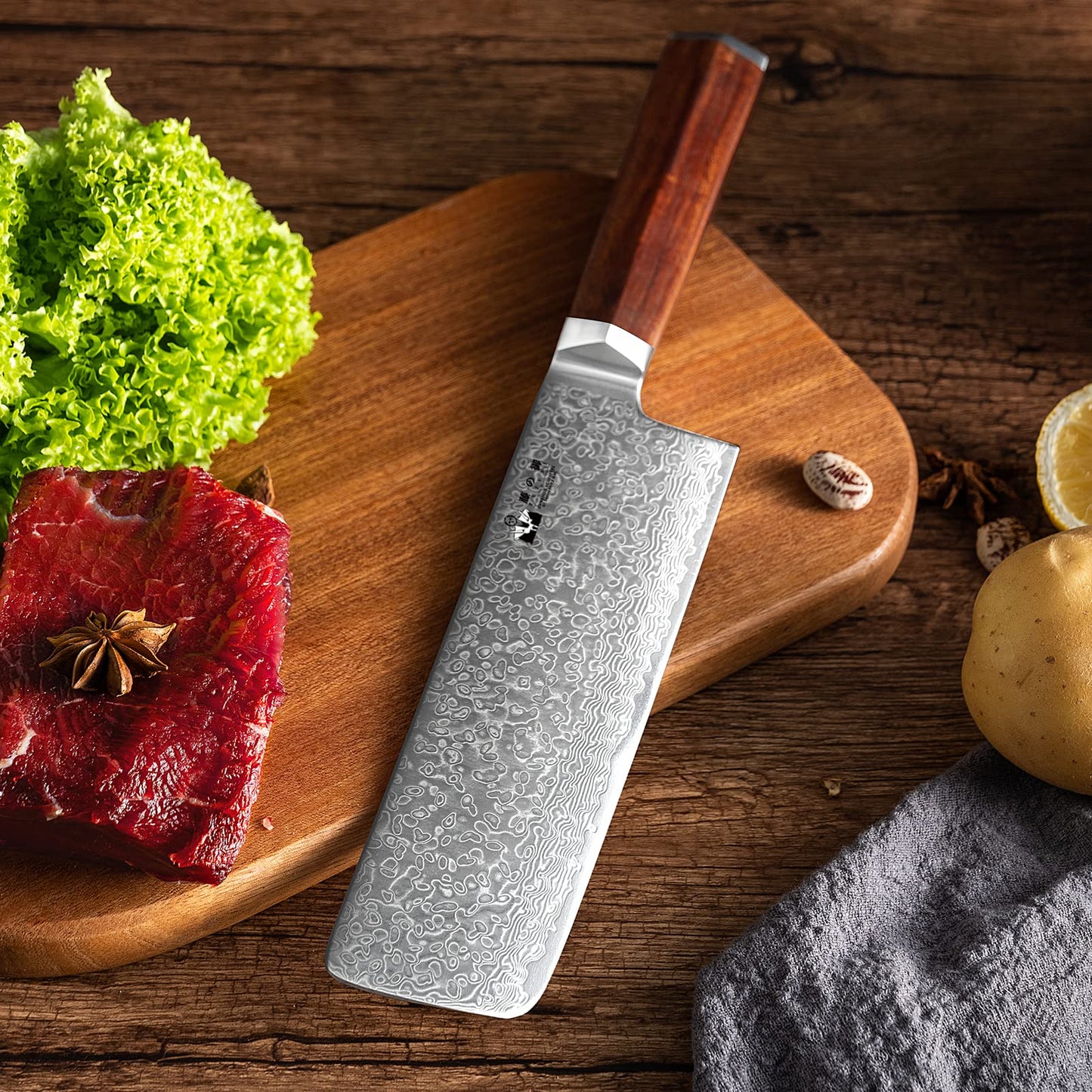 FUJUNI Nakiri Knife Cleaver Knife Damascus Kitchen Knife With Extremely Sharp 17.5 cm Blade Made of 67 Layers Vg-10 Damascus Steel Chinese Chef's Knife, Wooden Handle, Gift Box