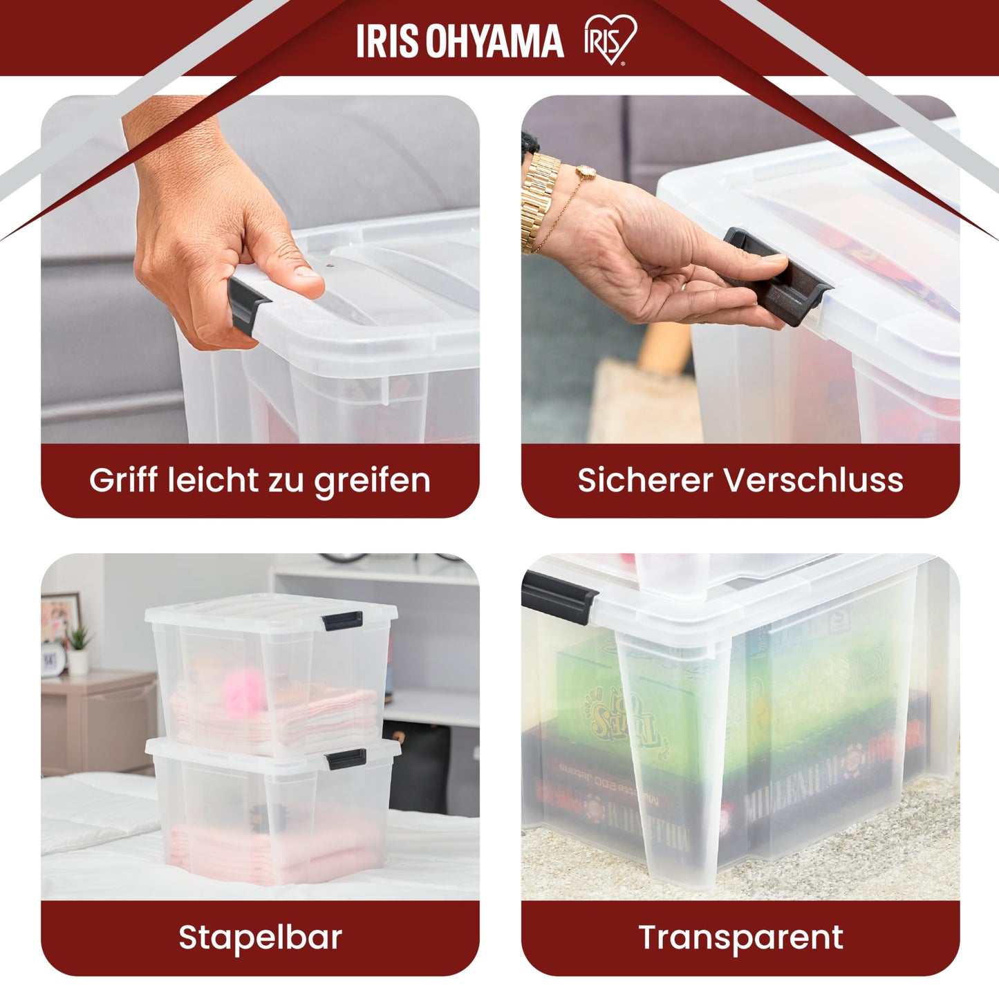Iris Ohyama storage boxes with lids, 30L, 3-pack, Transparent, Secure closure, Stackable, Handles, Bedroom, Closet, Office, Organization, BPA-free plastic, Storage containers, HB-30