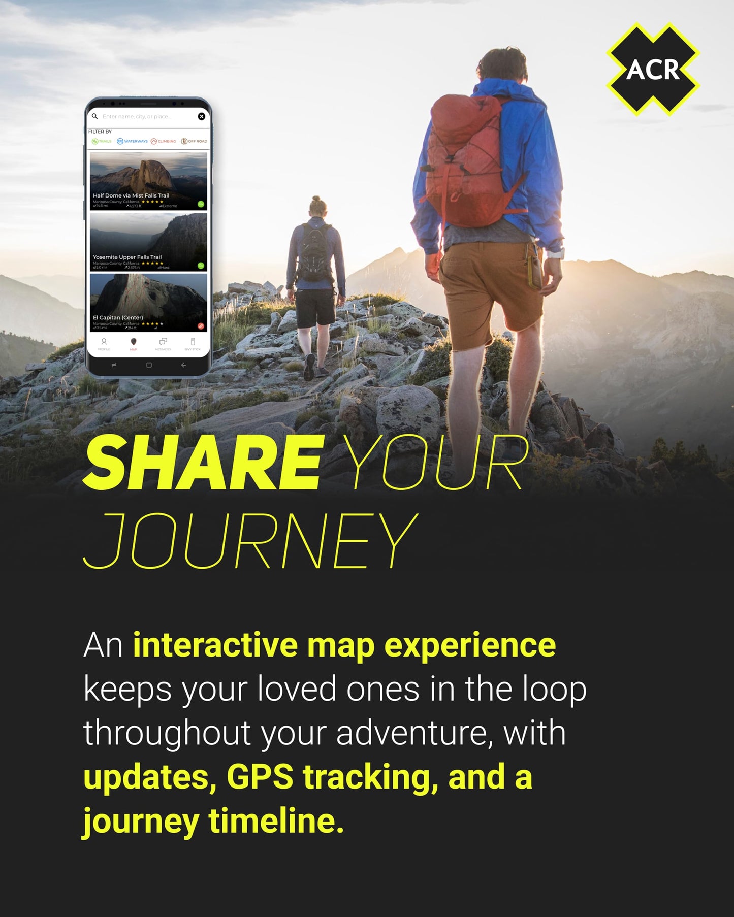 ACR Bivy Stick Satellite Communicator - Two-way text messaging, GPS tracking, maps and navigation, emergency SOS, weather reports, and location sharing, app compatible.