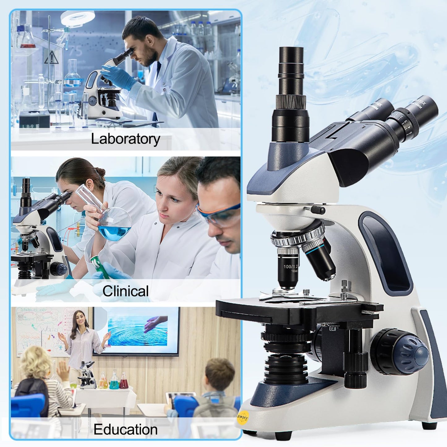 SWIFT Trinocular Microscope SW380T, 40x to 2500x magnification, Siedentopf head, dual-layer mechanical stage, with 5.0MP camera and software, and 100 blank slides