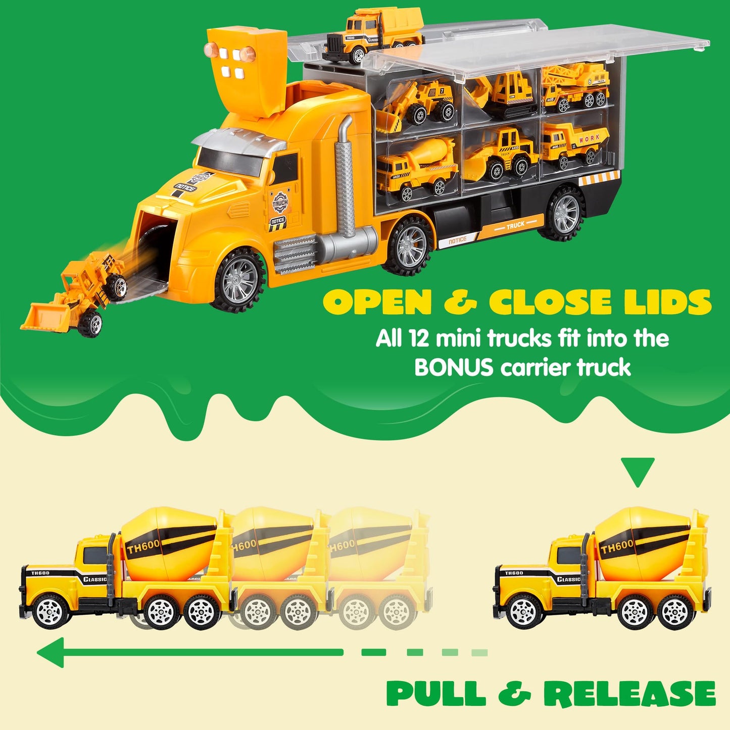 JOYIN 25-in-1 Die-cast Construction Vehicle Toy Set (including transport truck, excavator, dump truck, tractor) with sounds and lights in the transporter, kids gifts for boys aged 3 and up.