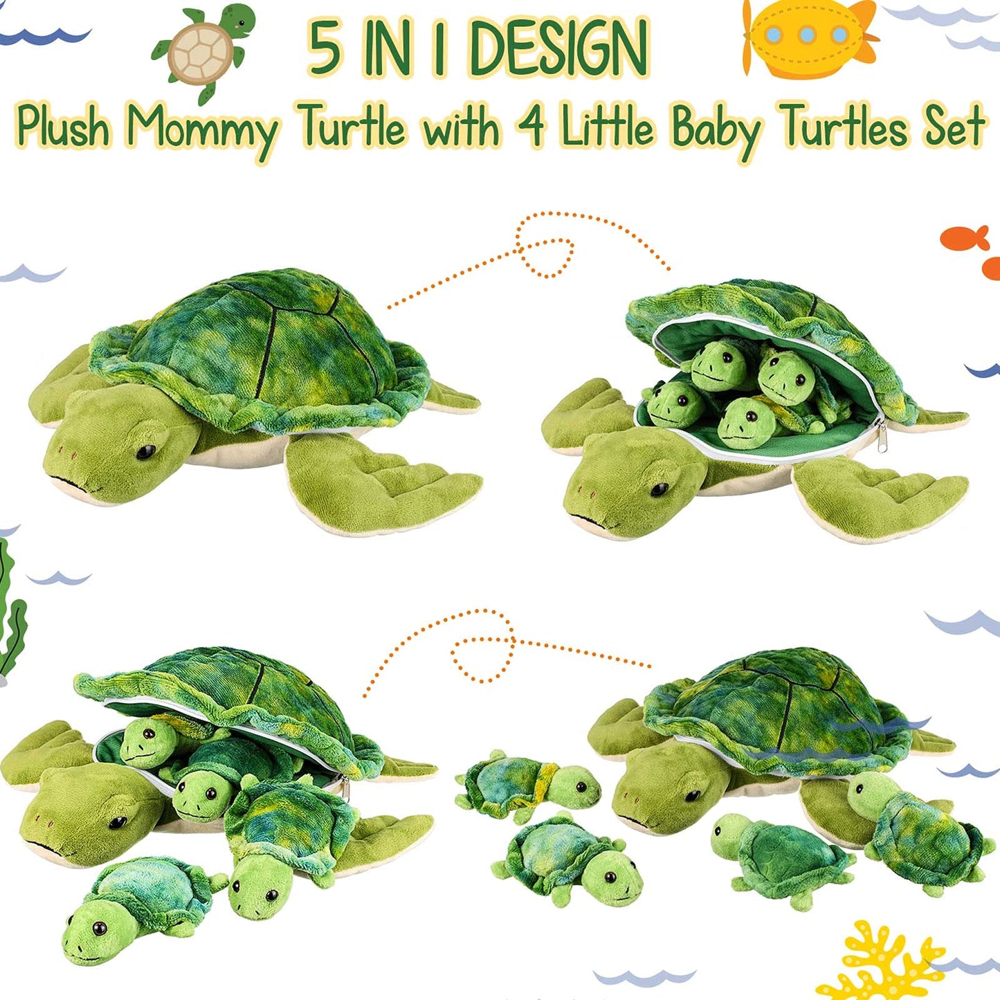 Aoriher Stuffed Animal Turtle 12-inch with 4 Pieces Small Plush Soft Sea Animal Mini Toys Decorative Pillows for Birthday Decoration
