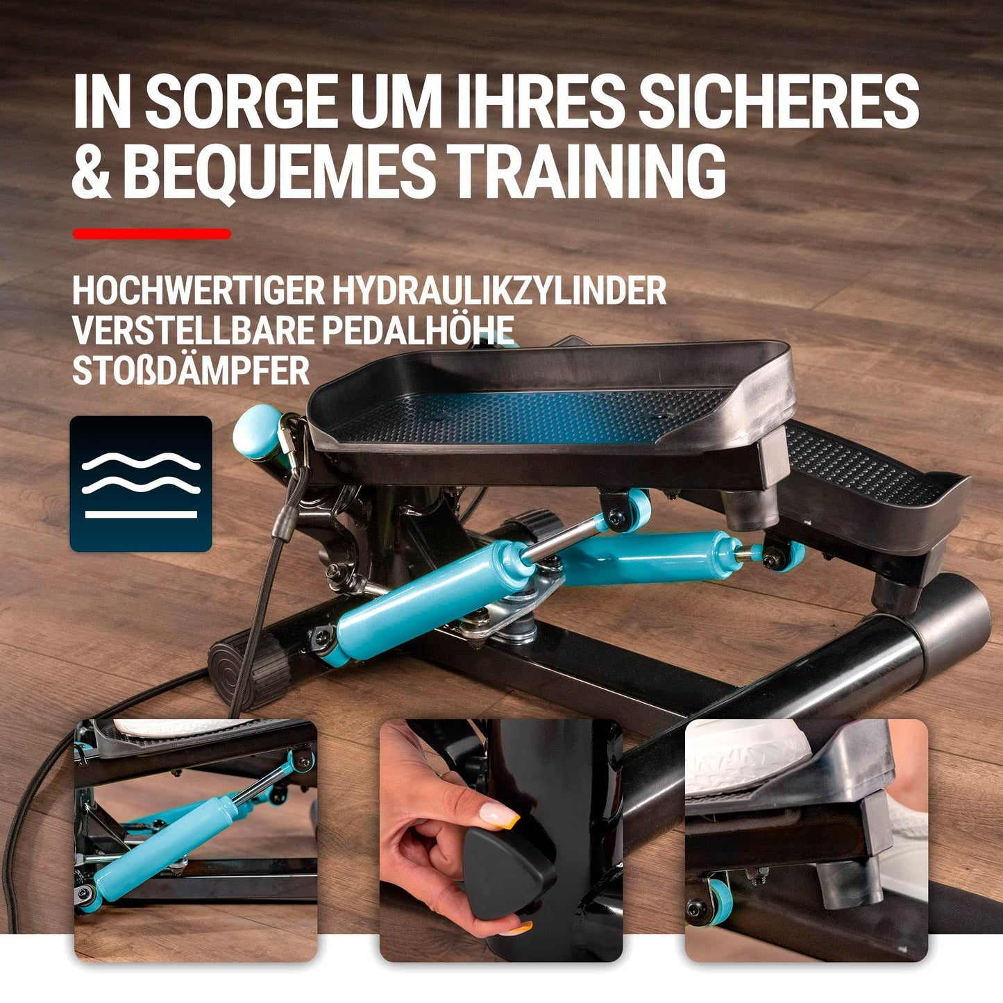 Hop-Sport Stepper Joy Blue with training computer, home swing stepper, fitness equipment with resistance bands, compact cardio device, max. weight capacity 100 kg.