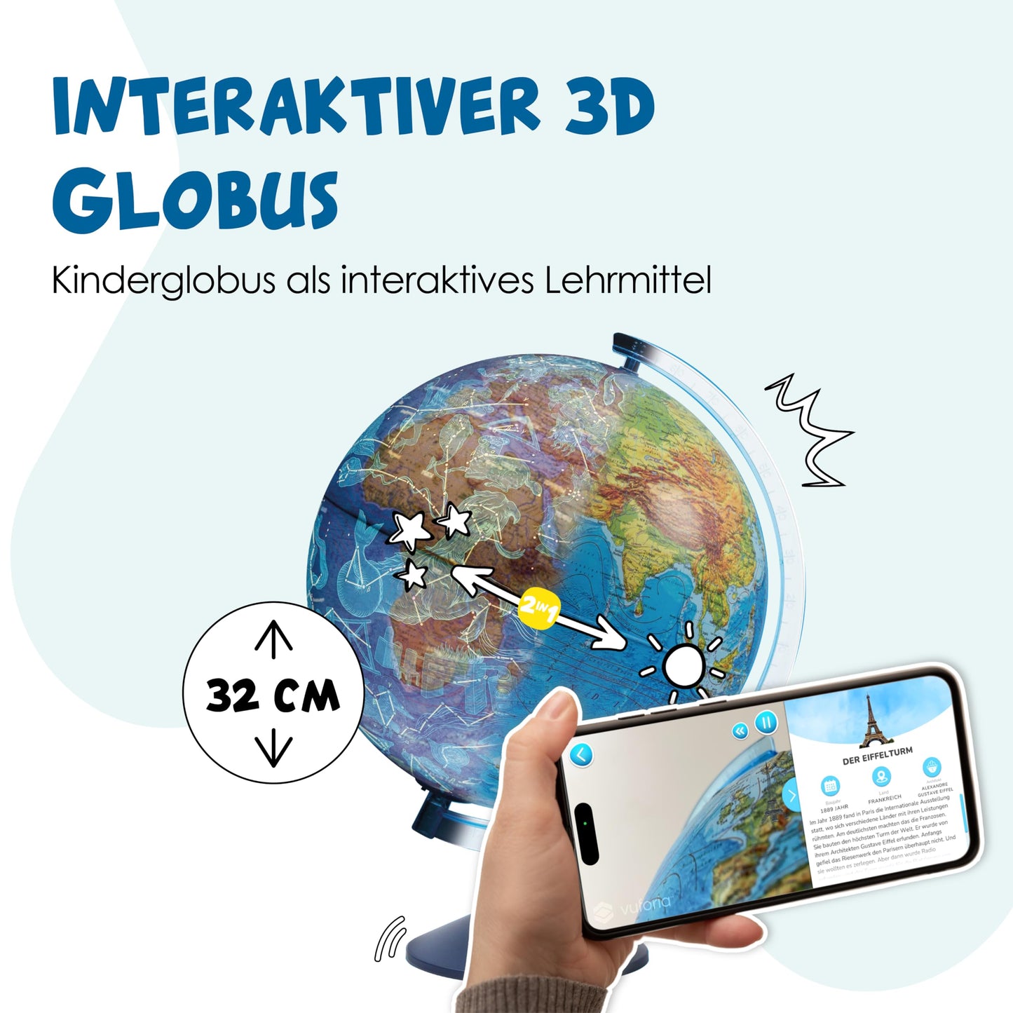 alldoro 68640 Interactive 3D Globe Ø 32 cm, children's globe with relief, German map image & zodiac signs, with app function, wireless & illuminated.