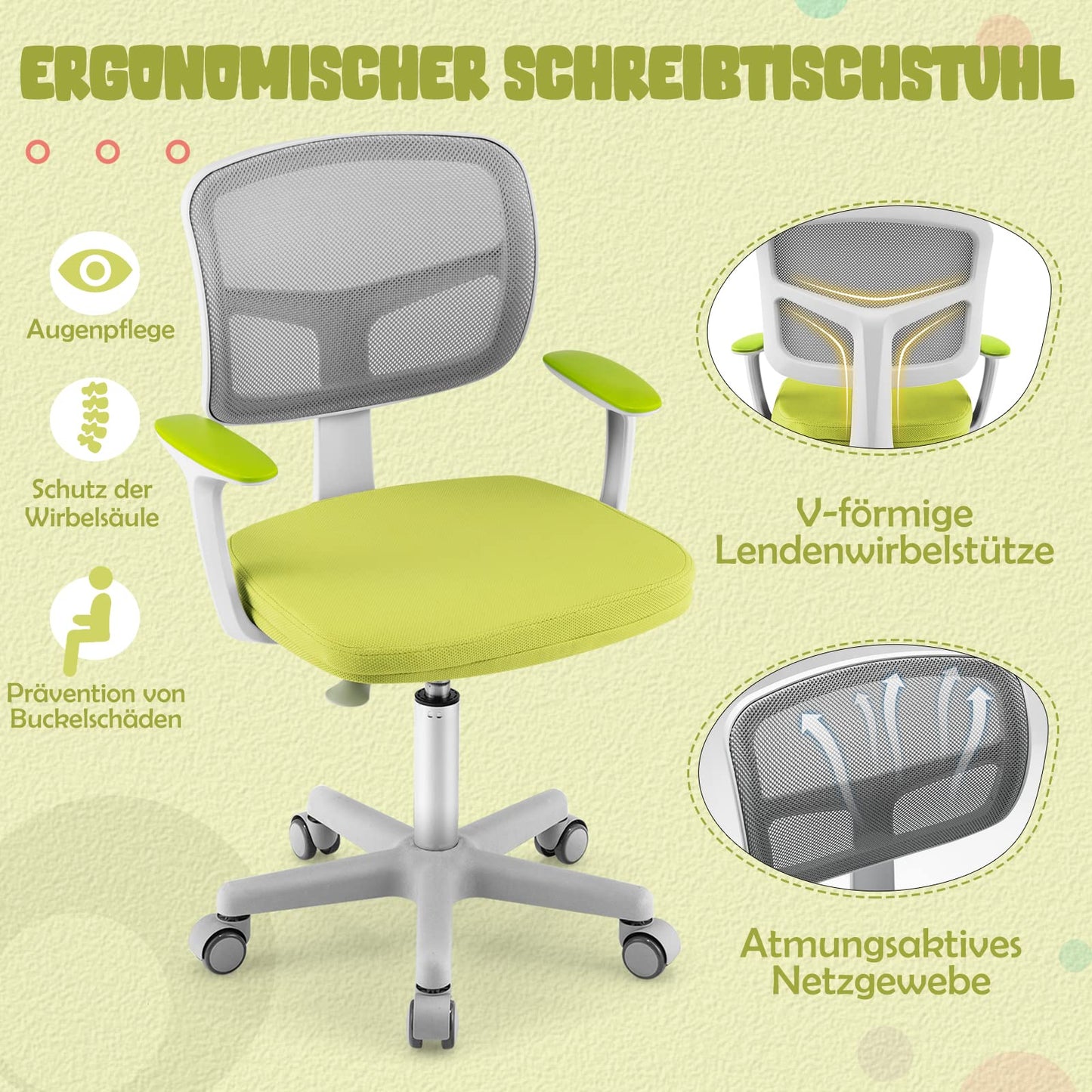 COSTWAY 360° swivel kids desk chair, 80-91.5 cm adjustable height youth chair with backrest & armrests, computer chair with 5 wheels for kids aged 3-10 years old (Green)