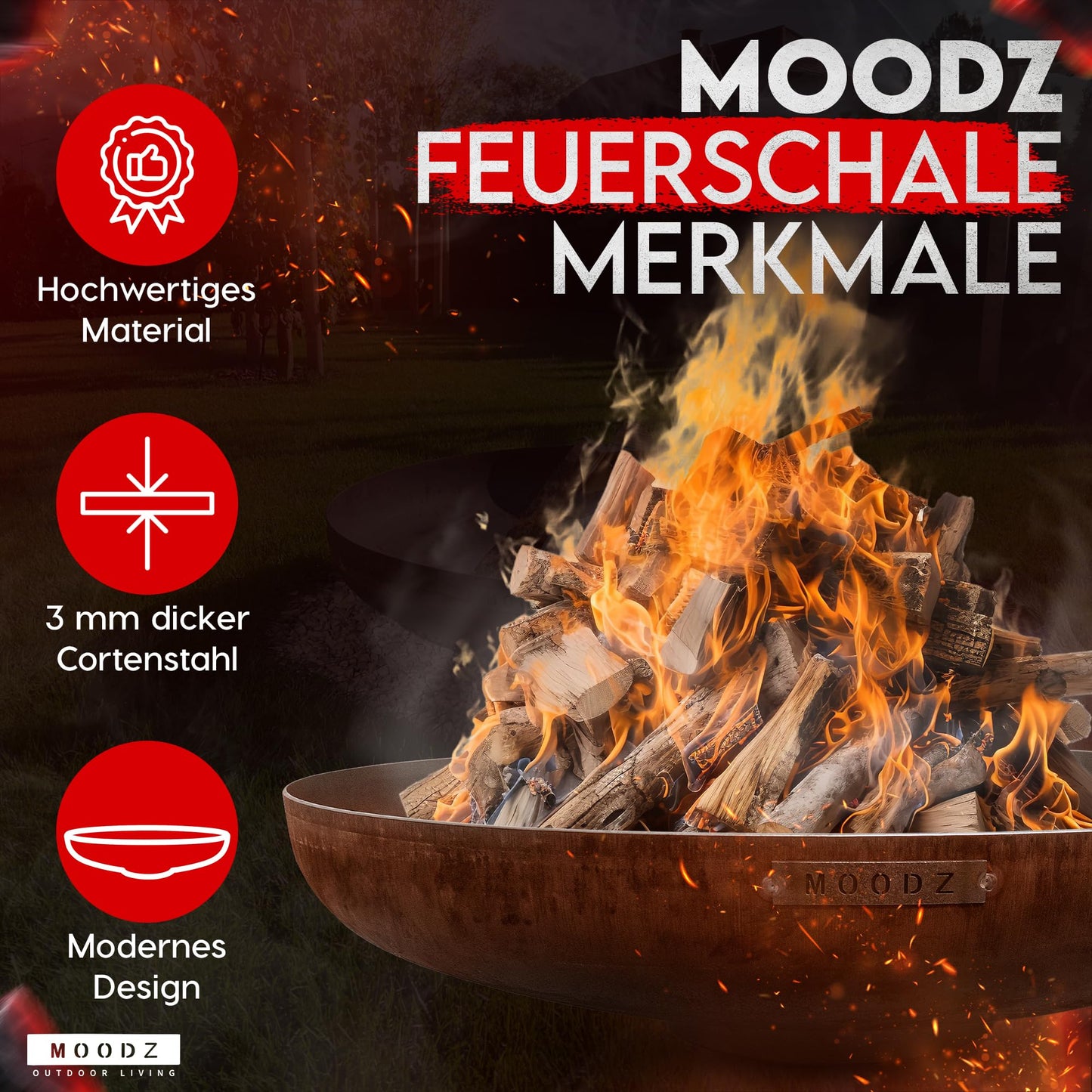 Moodz fire pit 100 cm - fire bowls for the garden - outdoor fire pit & fire barrel - fire pit with optional grill grate made of 3 MM high-quality Corten steel - fire basket for the garden - 100x100x21cm