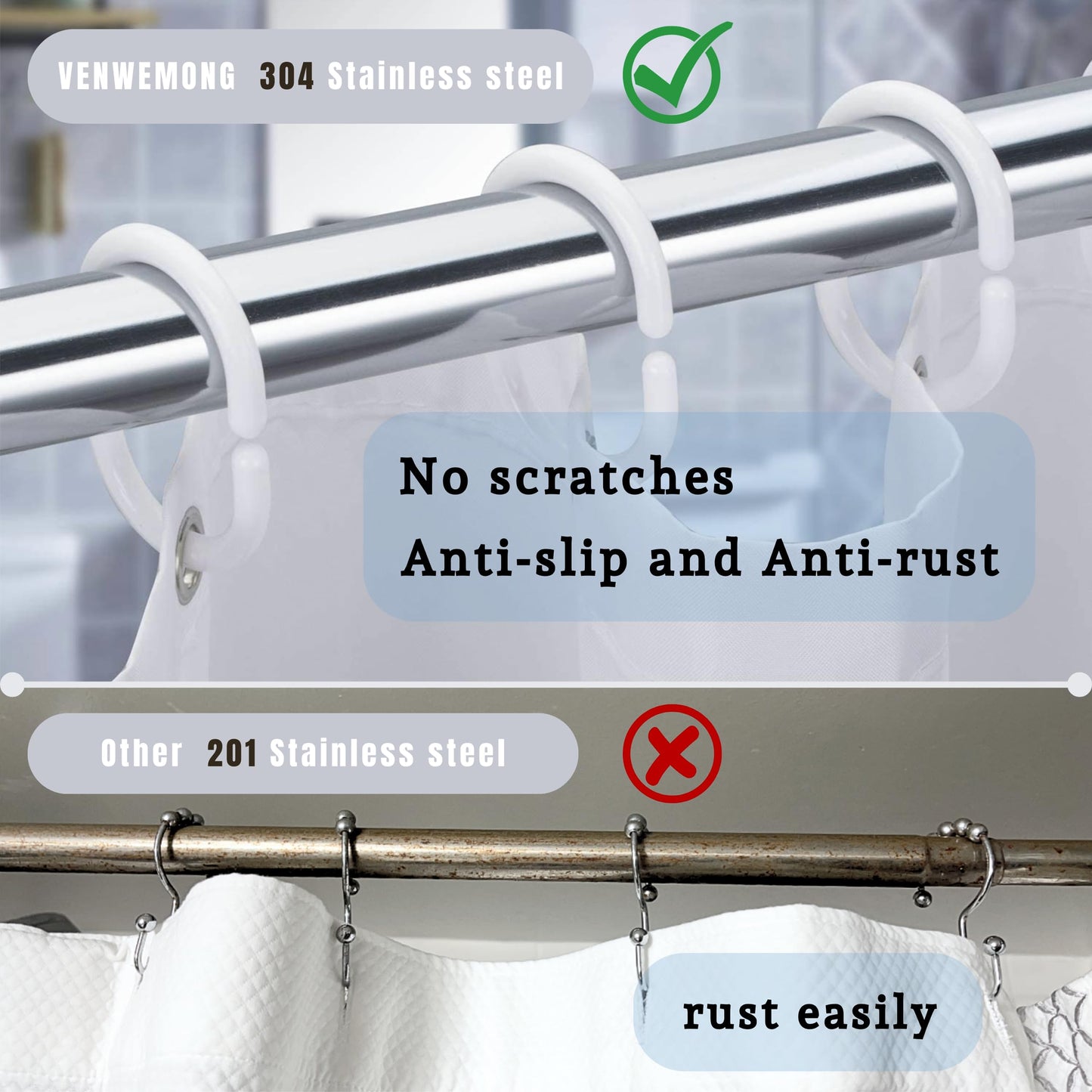 1 Piece Curtain Rod Without Drilling Clamp Rod Extendable Curtain Rod for Bathroom, Window, Wardrobe, Ø19/22mm, 70-120cm, Light Silver
