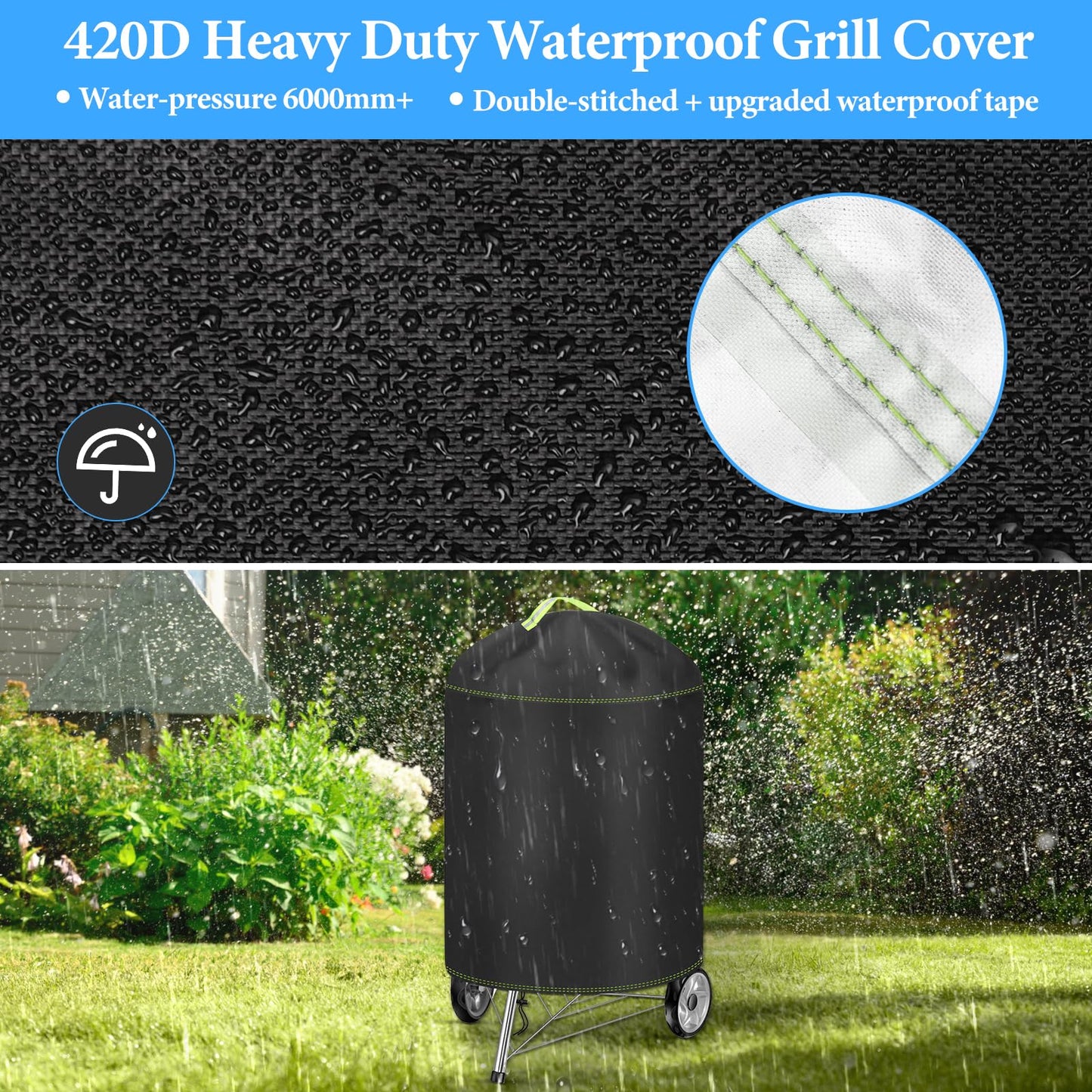 Kettle Grill Cover, VDISRR Weatherproof BBQ Cover, 420D Oxford Charcoal Grill Cover, Ø63x88cm, Waterproof, Tear-resistant, UV Protection, Protects Grill from Fading, Rust, and Mold.
