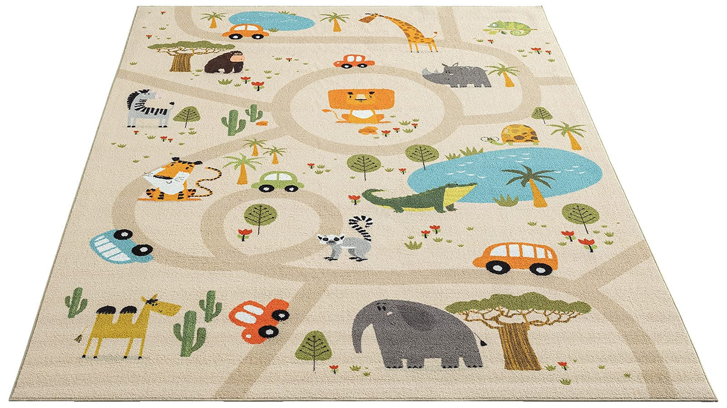 The carpet Happy Life children's room, children's carpet, play carpet, street carpet, street, jungle, animals, car, beige, 120 x 160 cm