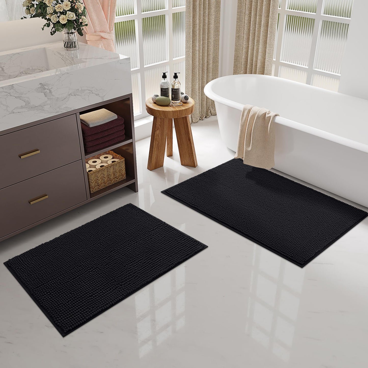 OLANLY Chenille Bath Mat Non-Slip Bathroom Mat Soft Bath Rug Absorbent Bath Mat Washable Shower Mat for Bathroom, 50 x 80 cm, Black