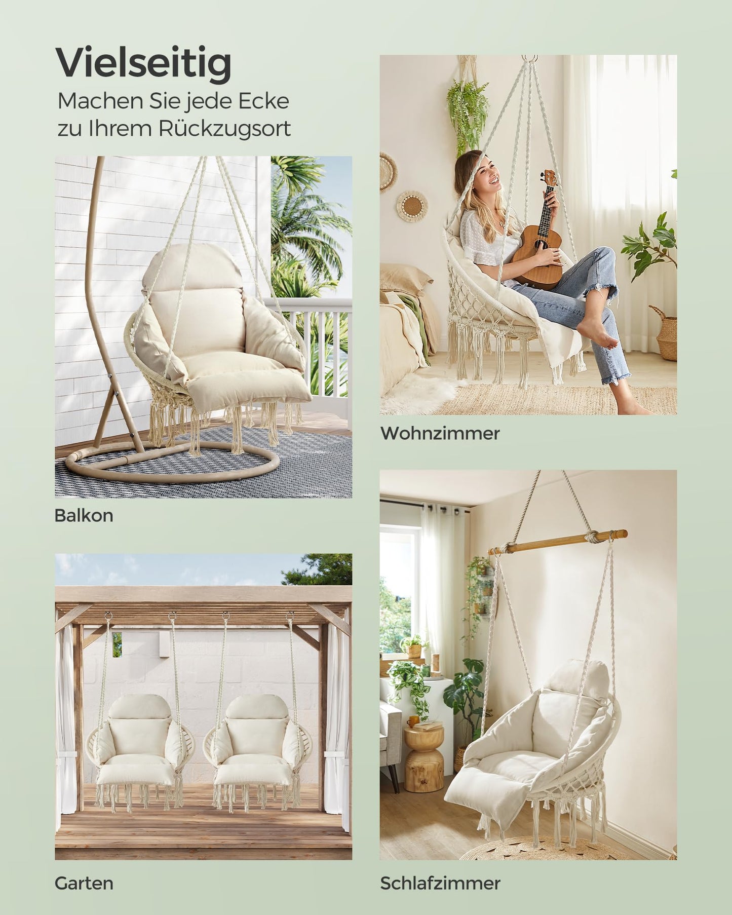 SONGMICS Hanging Chair, Swing Chair, Hammock Chair, Thick Cushion, Scandinavian Style, for Living Room, Patio, Garden, Balcony, Holds up to 120 kg, Accessories Included, Cream White GDC042M01
