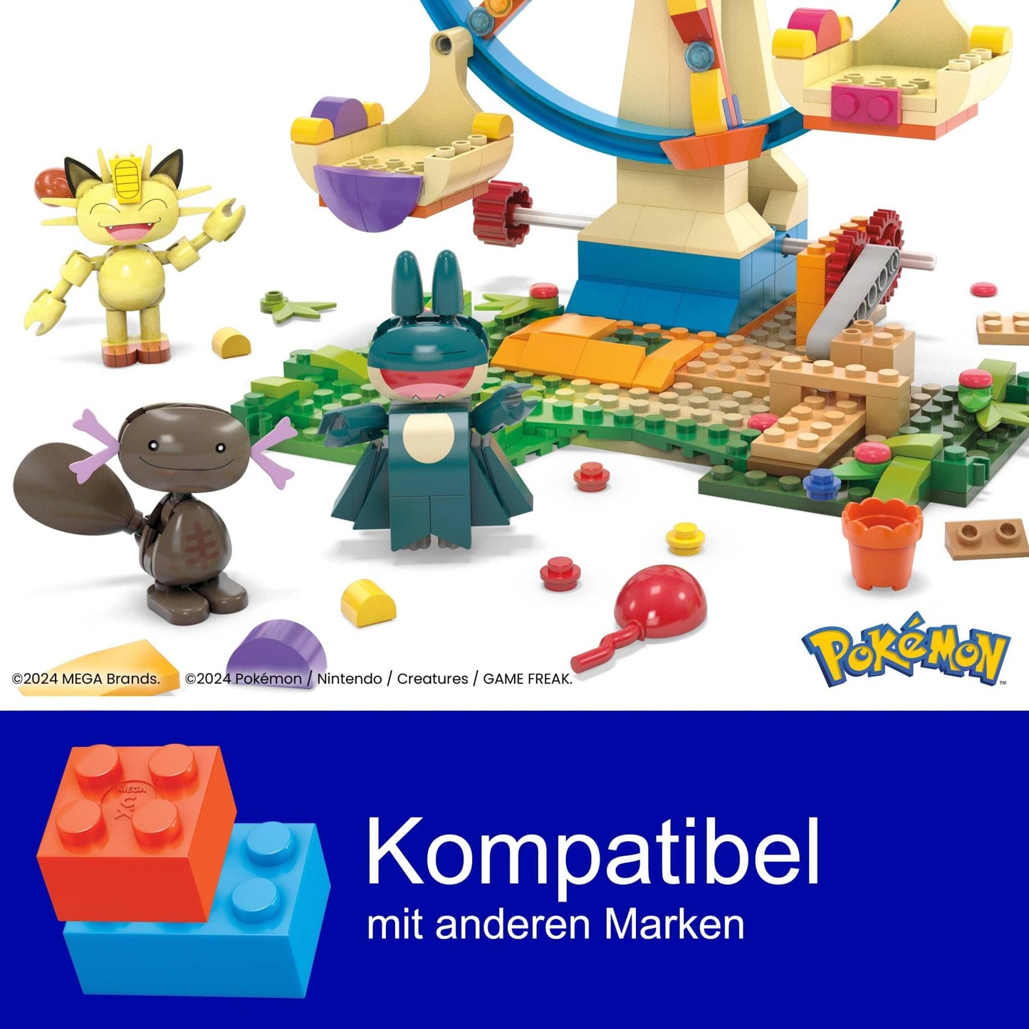 MEGA Pokémon action figure building toy, fun on the Ferris wheel with 393 pieces and movable Litleo, Munchlax, Meowth, and Purrloin, for kids, HXF80.