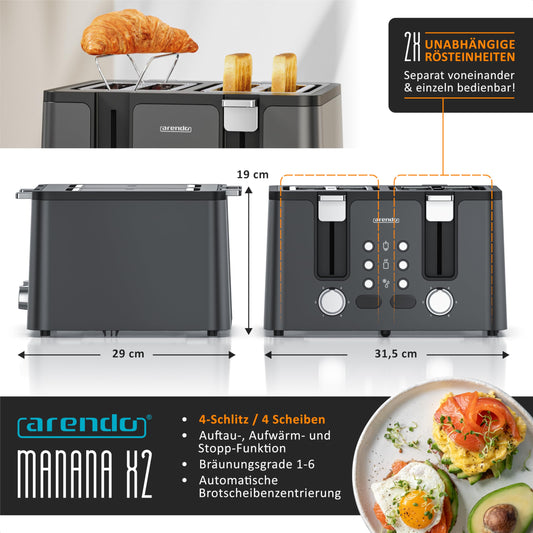 Arendo - 4-Slice Stainless Steel Toaster - with Bun Attachment - 4 Slots - LED Display Countdown Timer - Double-Wall Housing - Defrost Function - Crumb Tray - 6 Browning Levels - Cool Grey Design