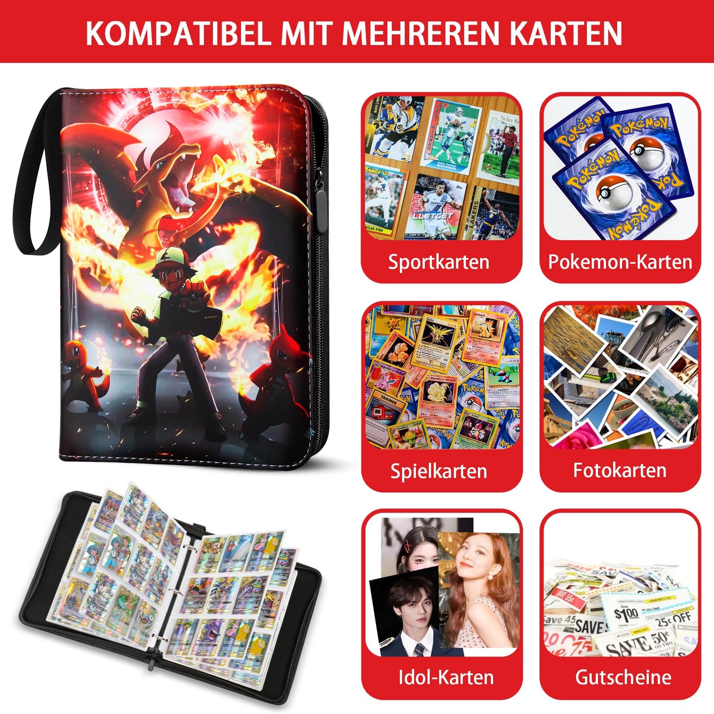 Collectible card album, collecting album for Pokemon cards, 900 pockets 50 pages 9 pockets collection book, PU surface waterproof card holder, card binder folder book, 50 pcs per page.