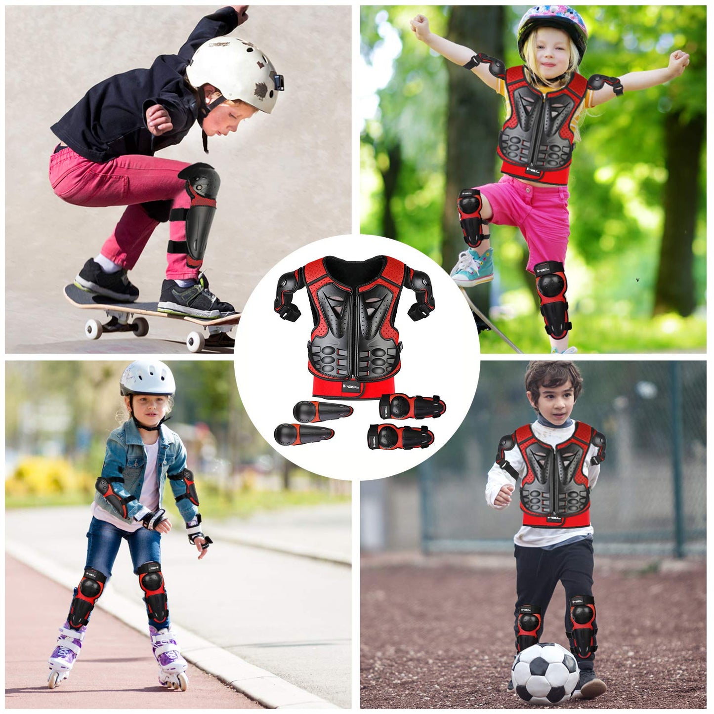 JUSTDOLIFE Motorcycle Protective Jacket, Kids Motorcycle Armor with Knee Pads Elbow Pads Chest Protector Racing for Outdoor Sports - 4/6/8/10/12/14 Years (Red)