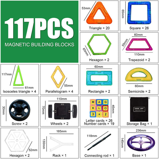 COOLJOY Magnetic Building Blocks Set, Magnetic Building Blocks Educational Gift for Kids, Magnetic Building Blocks Car Toy (117PCS)