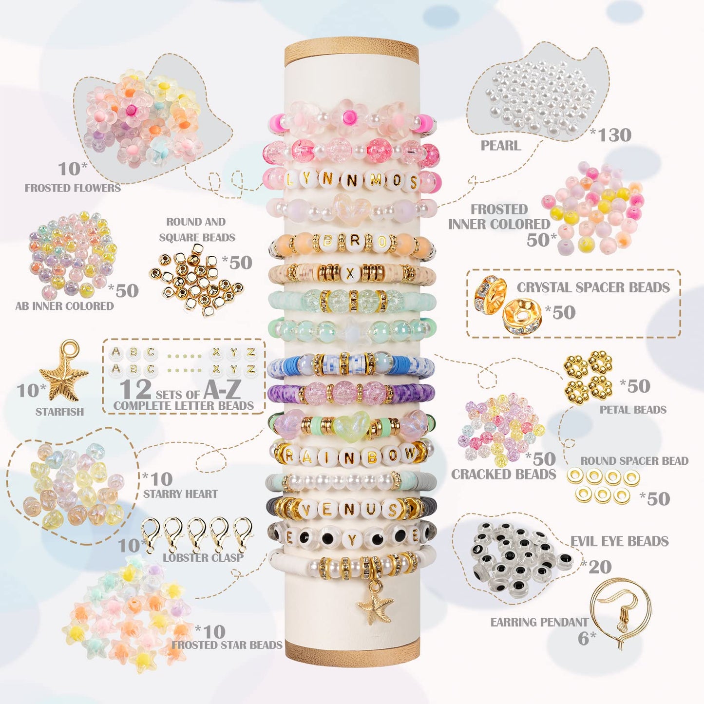 Beads for threading, 8500+ pieces bead set, 6mm polymer clay beads for bracelets, 2 boxes bracelet making with letters, bracelet jewelry making kit for rings necklaces gift.