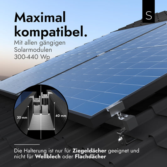 SOLAFIX® Balcony Solar Panel Mounting Kit for Tile Roof - Roof Mount Set for 2 Solar Panels 30-40 mm Frame Height - Solar Mount for Tile Roof with EASY-CLICK Clamps & Height-Adjustable Roof Hooks