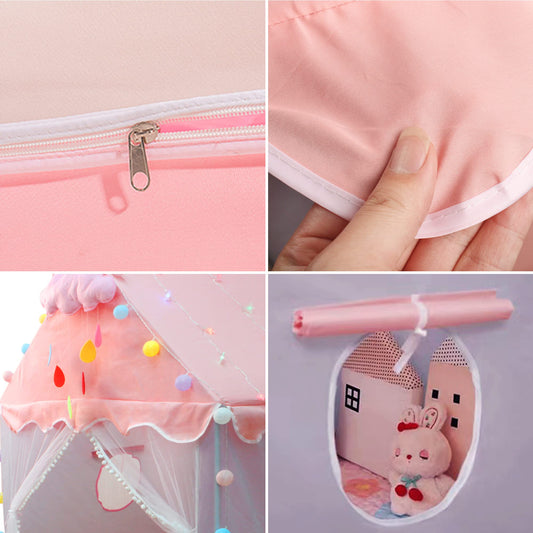 Children's play tent with star lights, girls' princess castle tent, indoor play tent with ball lights and cloud decorations. Dimensions 120x110x130cm.