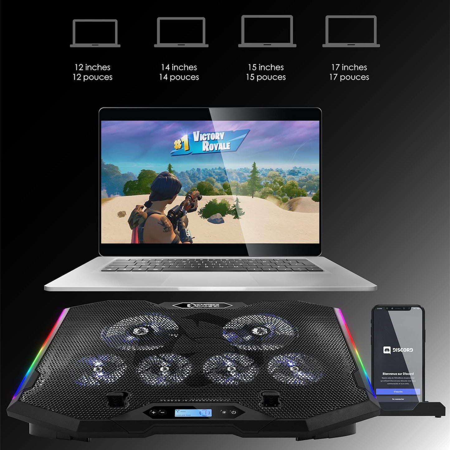 EMPIRE GAMING - Guardian S-C100 Laptop Cooler RGB Gamer - 6 Fans - LCD Controller - 5 Height Adjustments - Compatible for 12 to 17 Inches - Detachable Smartphone Holder, Air