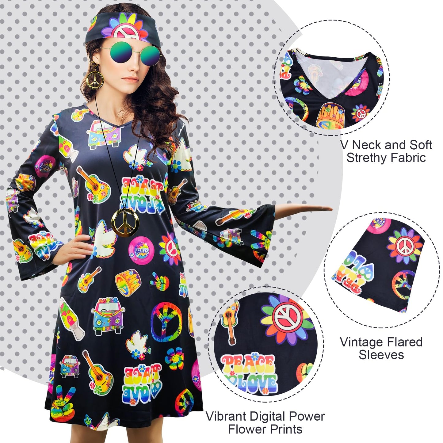 MRYUWB Women's Hippie Dress, 1970s Costume, with necklace, earrings, sunglasses, disco outfit, 1960s party costume, Halloween retro dress (Black, L)