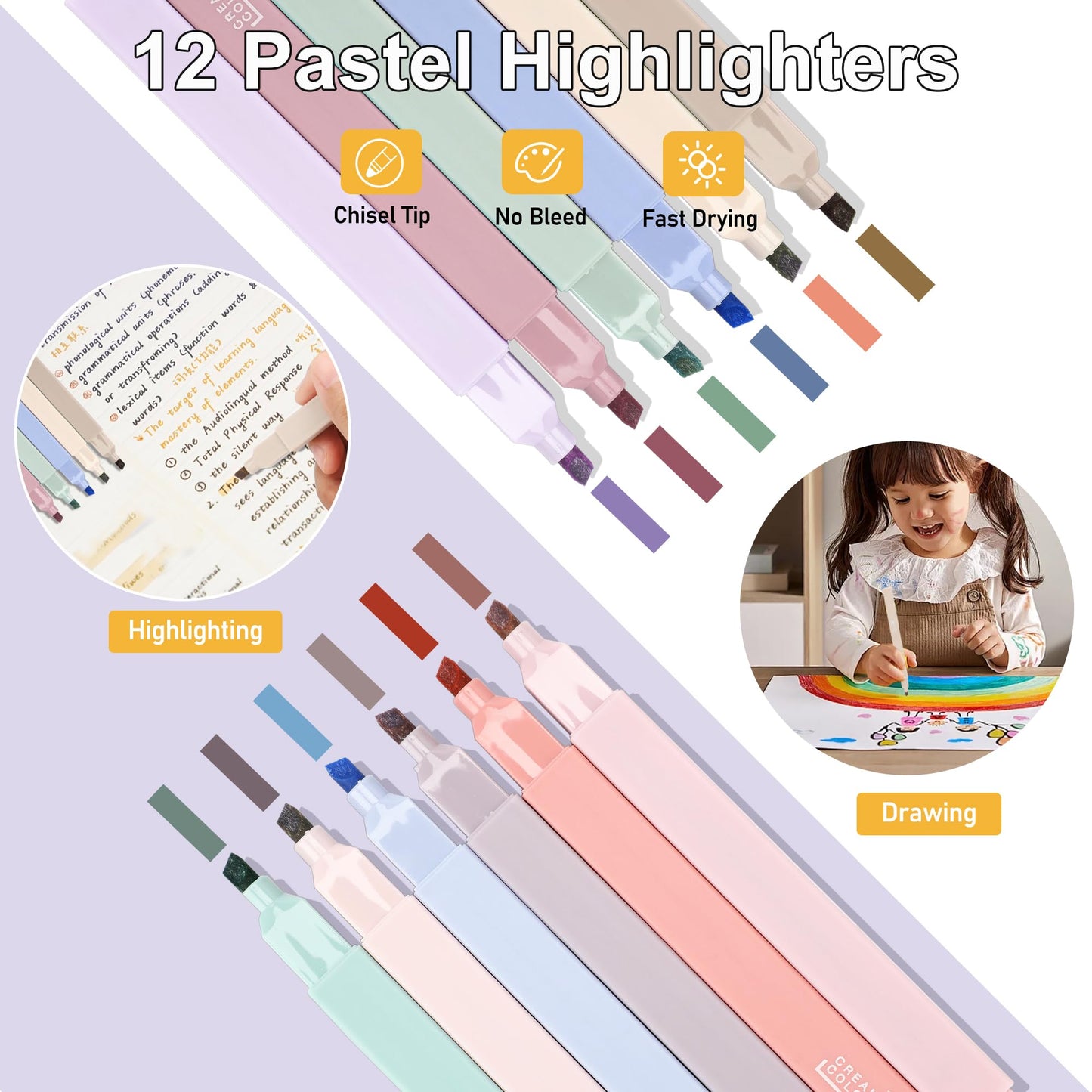 COZCLAM 32pcs School Supplies Aesthetic with Purple Pencil Case, 12 Pastel Highlighters, 5 Black Gel Pens, 6 Color Pencils, 5 Bookmarks, and Sticky Notes, Aesthetic School Stuff Clean Girl School Accessories