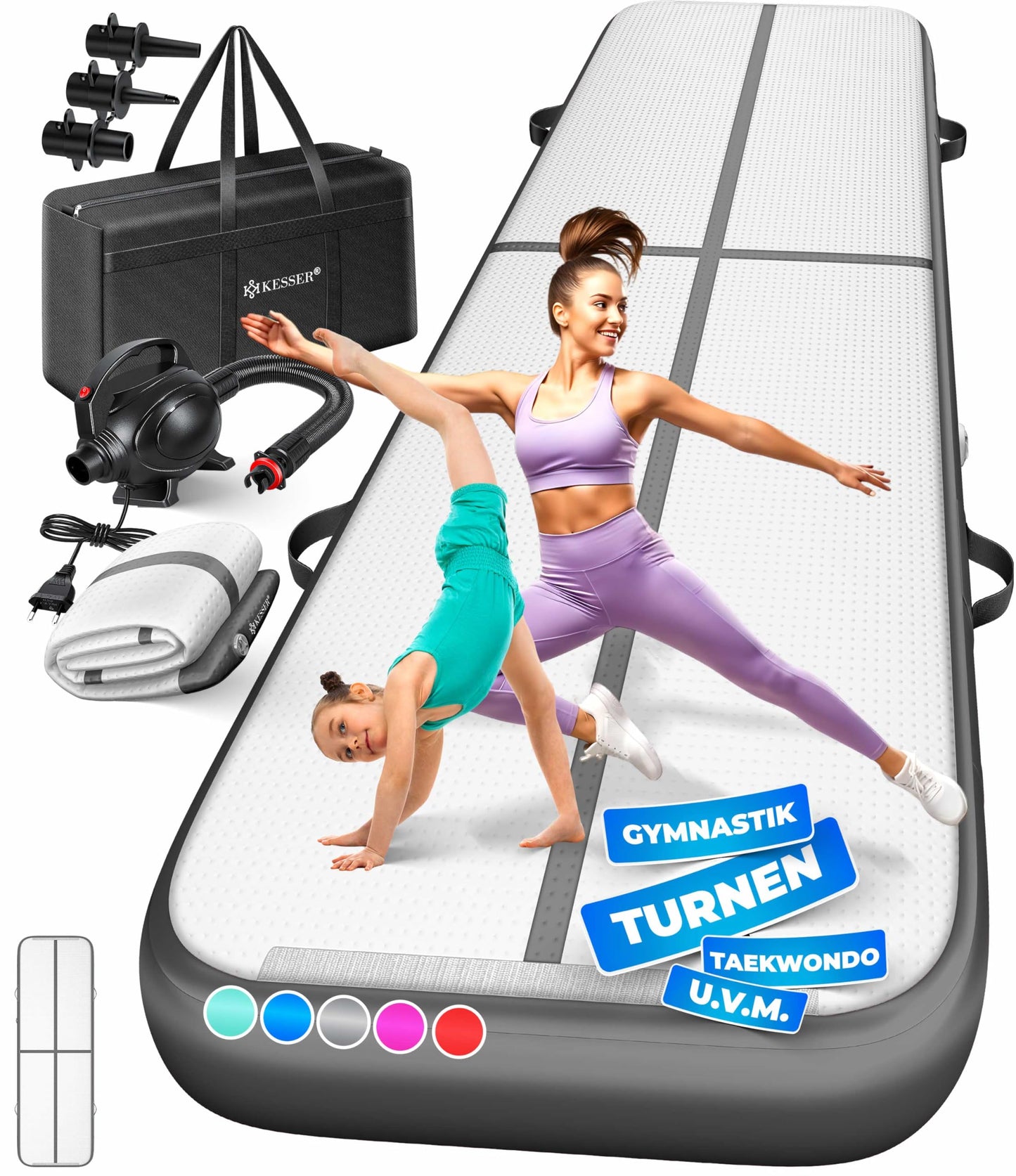 KESSER® inflatable Airtrack fitness mat gymnastics mat | incl. carrying bag & electric air pump | yoga mat, tumbling mats, training mat (anthracite, 300 x 100 x 10 cm)