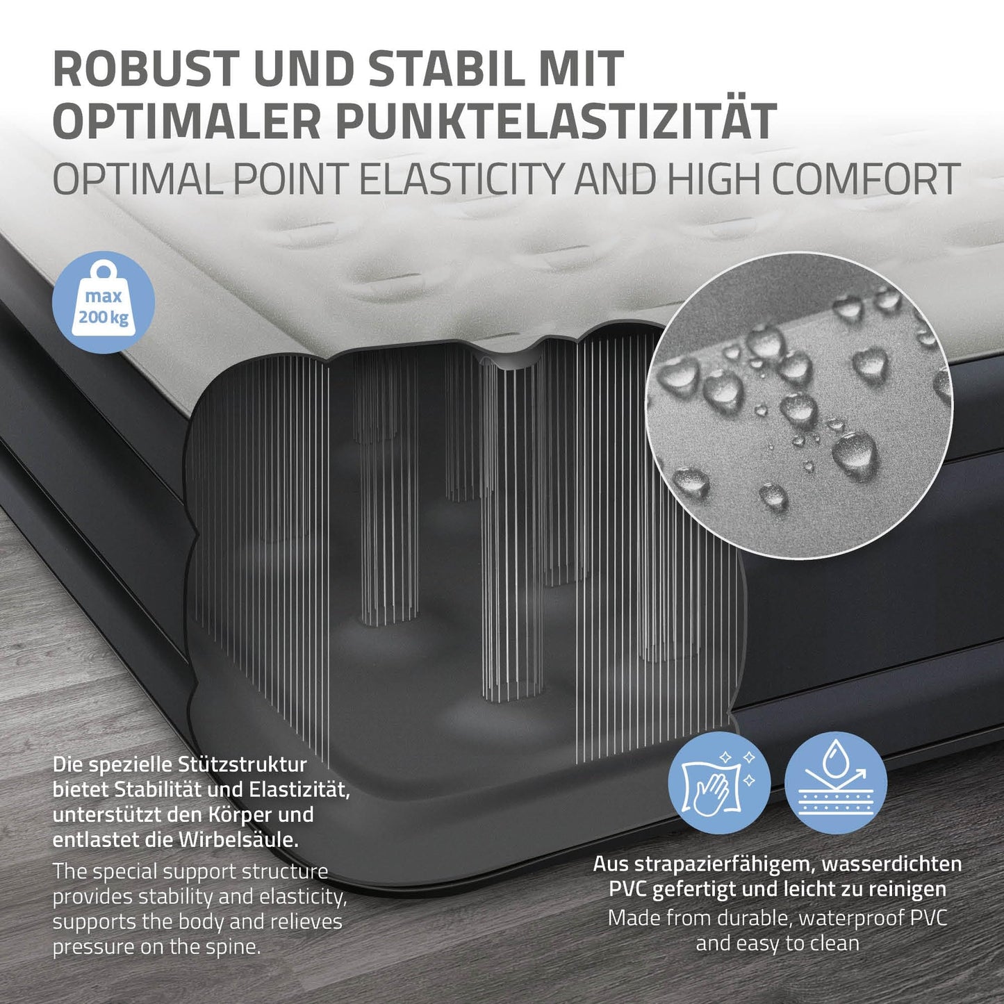 ML-Design air mattress for 2 people 203x157x47 cm Gray, TÜV certified, self-inflating air bed with electric pump 230V, inflatable mattress for camping, guest bed double bed + carrying bag.