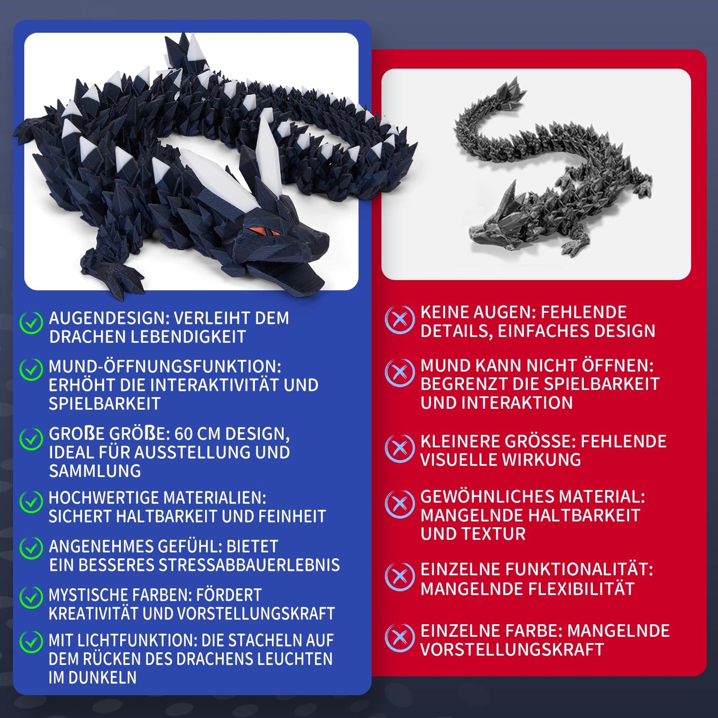 Merrwon 3D Printed Dragon, 60CM Dragon Toy with Eyes, Mysterious Realistic Dragon Figures, Movable Joints Crystal Dragon Deco Desk Toy