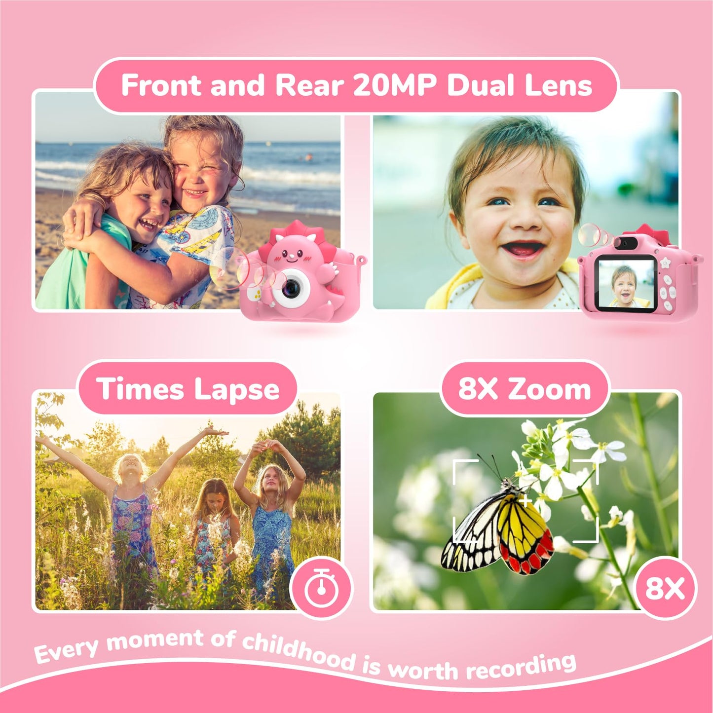 Children's camera, HiMont digital camera for kids with 32GB TF card & 2.0" screen, 1080P kids camera & selfie video camera, gifts for birthday Christmas, toy for 3-12 girls boys (pink)