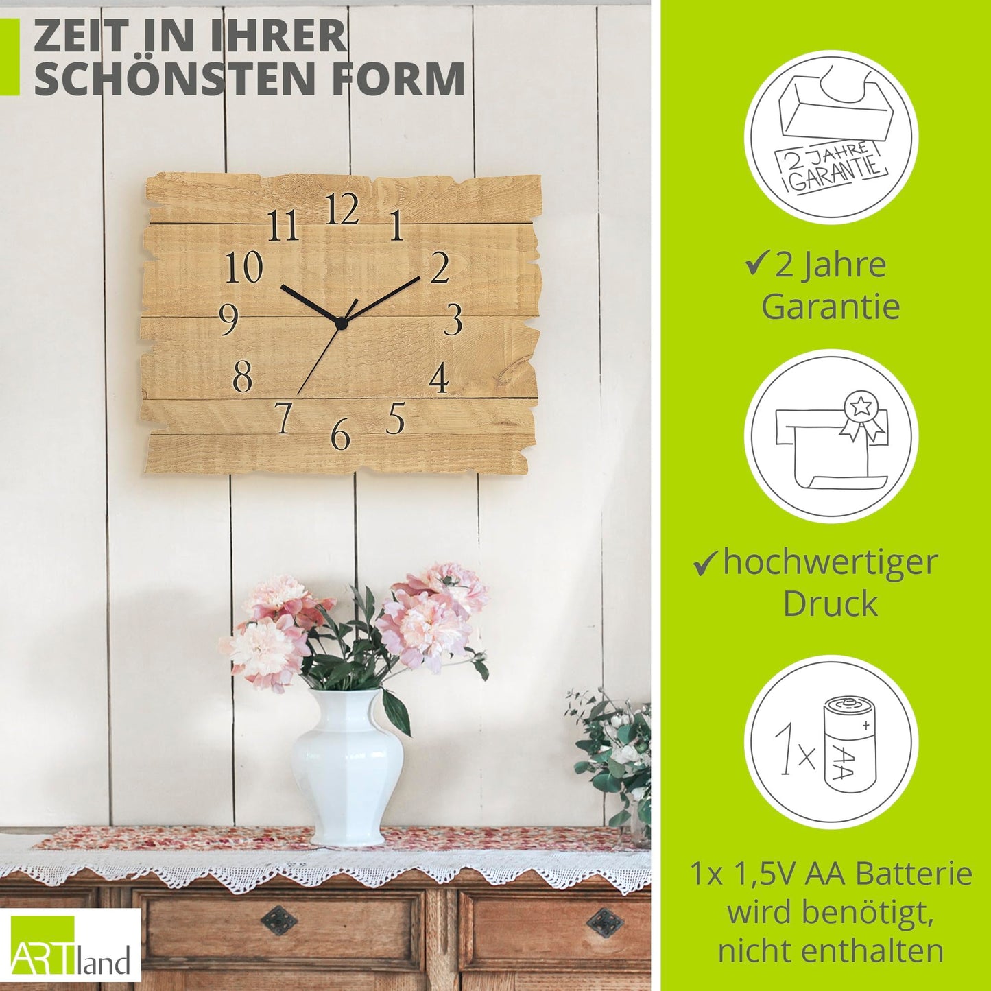 ARTLAND wall decoration wall clock without ticking noises made of wood quartz clock silent 40x30 cm rectangular pattern rustic country style light brown U1UM
