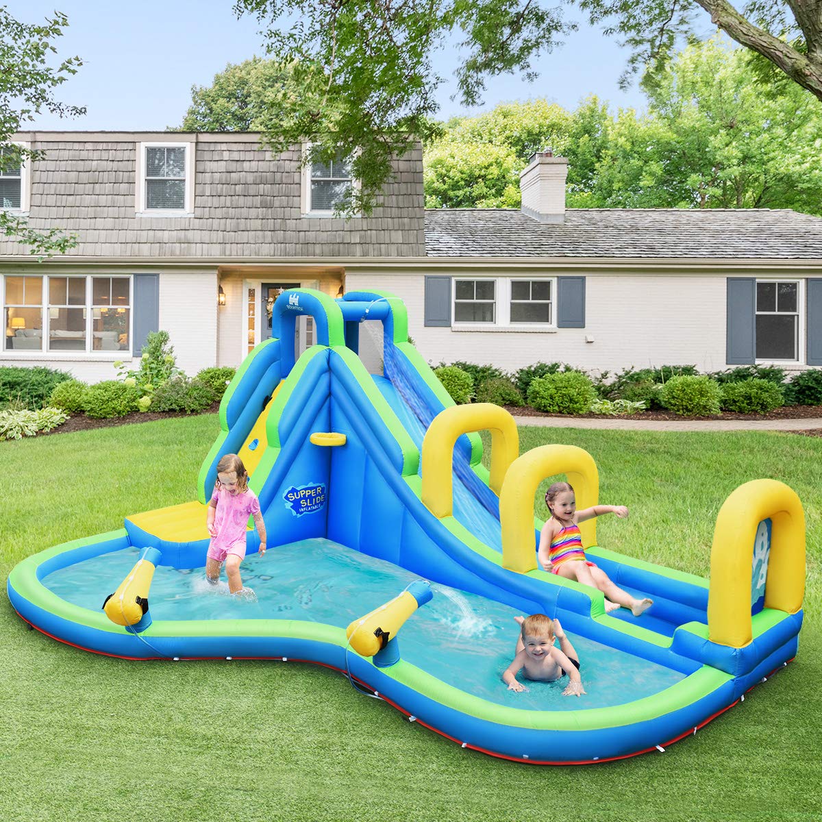 COSTWAY Inflatable Bounce House Water Slide, Water Play Center with Slide, Inflatable Water Park, Splash Pool 478x366x242cm (Bounce House with Blower)