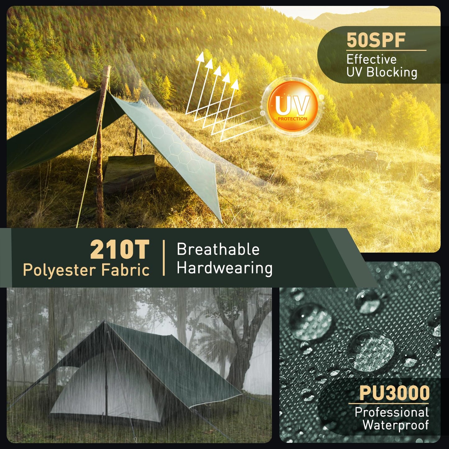 VOSOIR Tarp 3x4M Waterproof, Ultralight Camping Tent Tarp, with 15 Eyelets+6 Aluminum Pegs+8 Nylon Ropes, Anti-UV Snow Rain Protection, Lightweight Compact for Hammock Camping Picnic Hiking (Dark Green)