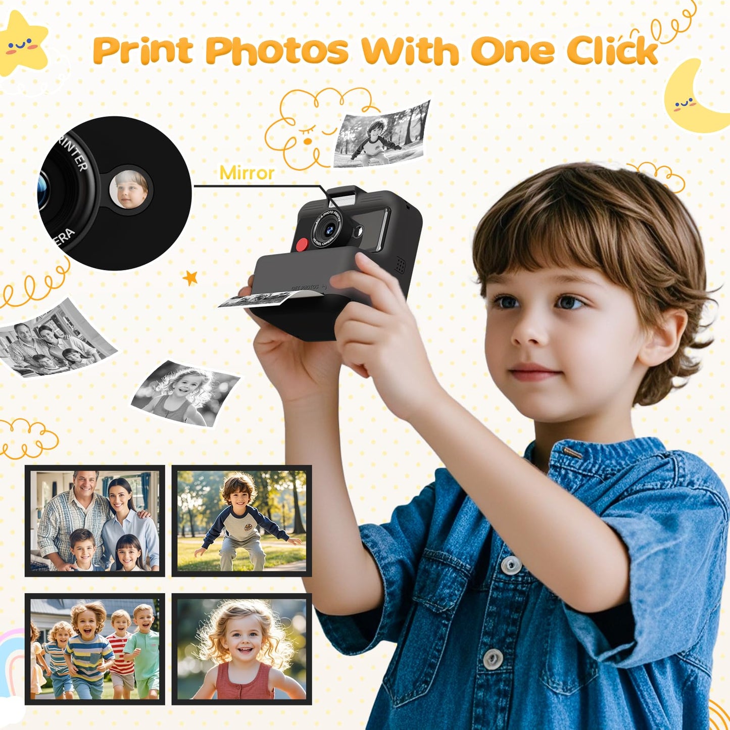 CAMCLID instant camera for kids, 3.0 inch screen kids camera instant camera, 48MP/1080P kids camera instant print with 32GB card, toy gift for boys and girls age 3-12 (black)