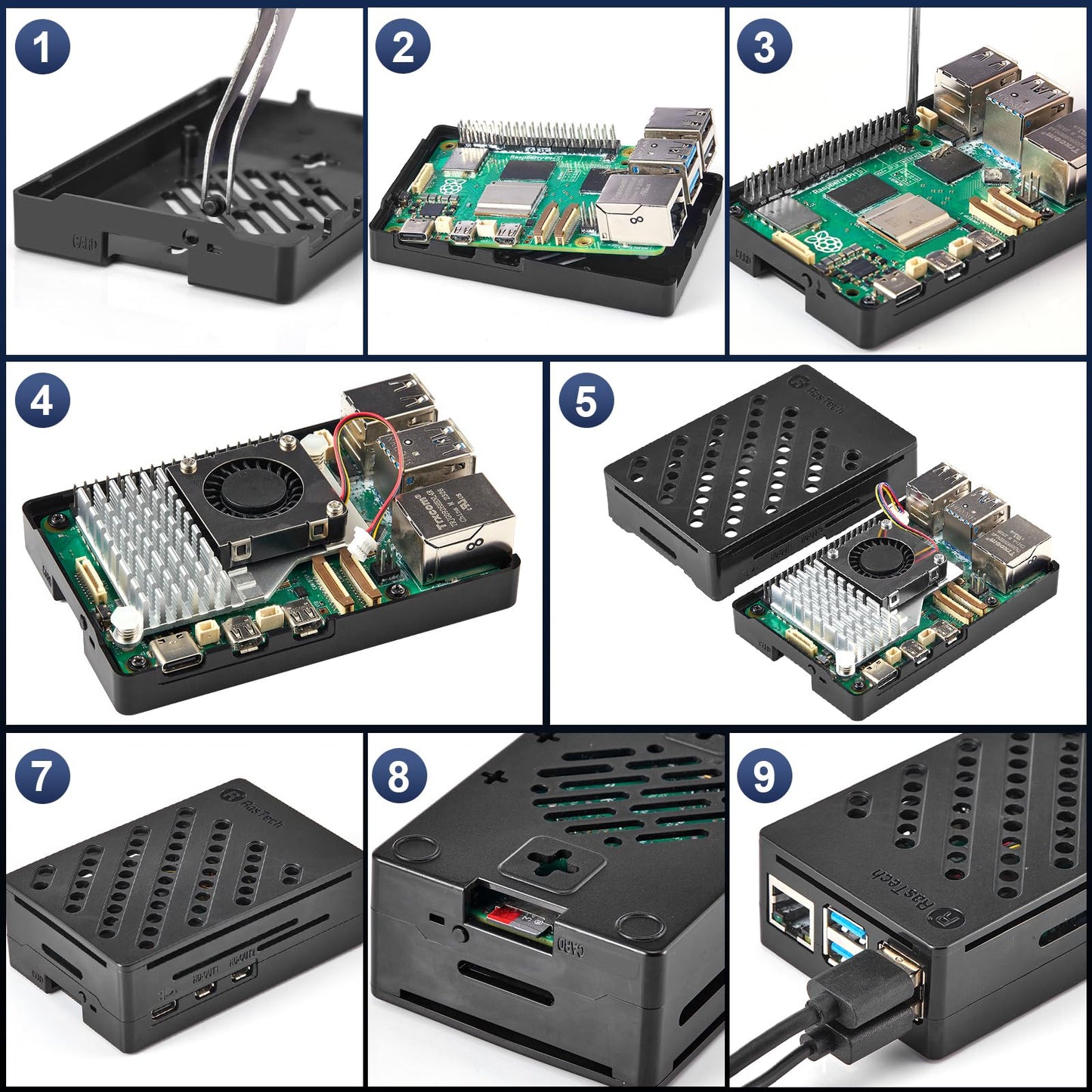 RasTech Raspberry Pi 5 8GB Kit 64GB Edition with Active Cooler, 27W 5.1V5A USB-C power supply, Pi5 8GB board, 64GB card reader kit, Pi 5 case, dual 4K micro HDMI cable, and user manual.