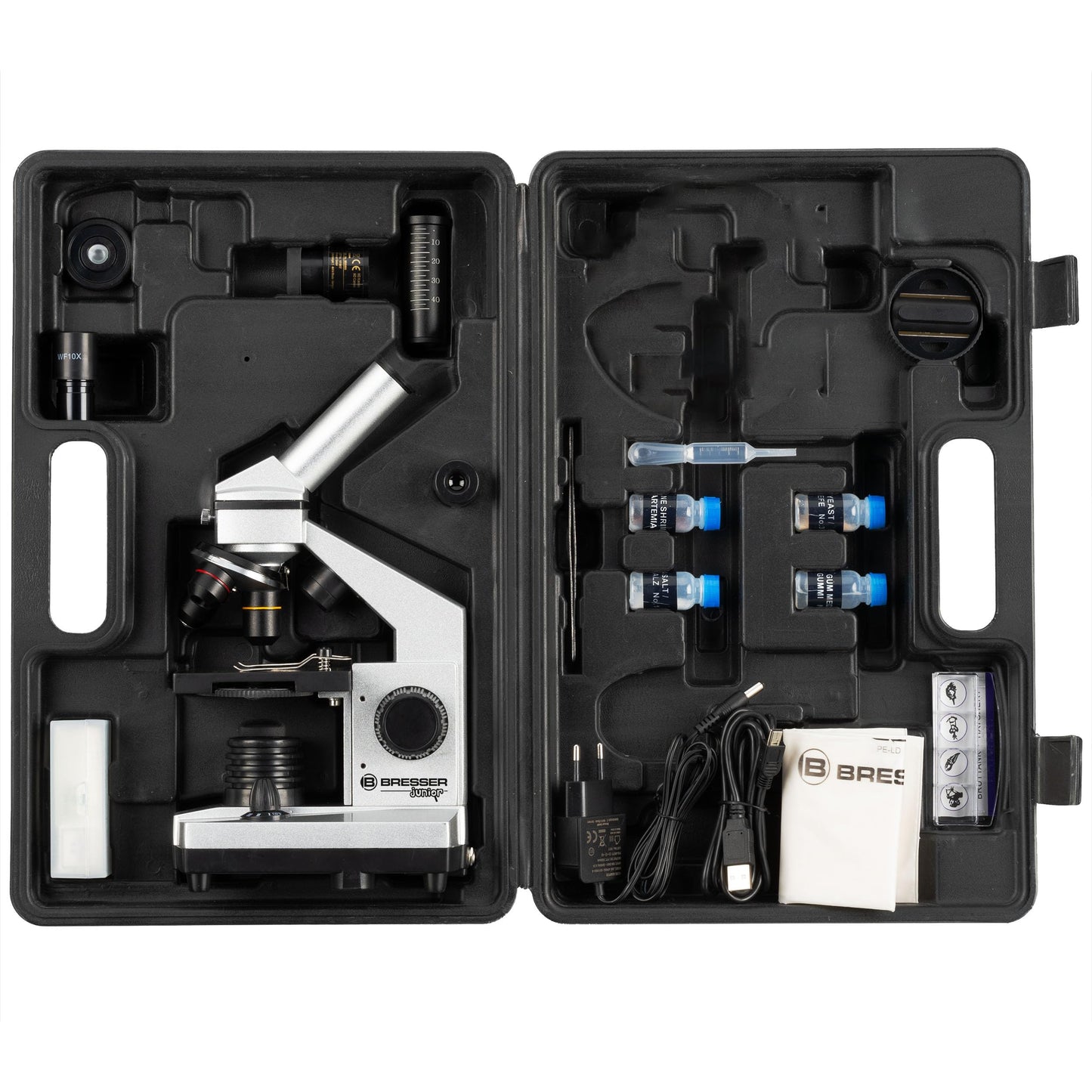 Bresser Junior Microscope Set 40x-1024x with USB camera and bright LED illumination for transmitted light observations, includes comprehensive accessory package and sturdy hard-shell case.