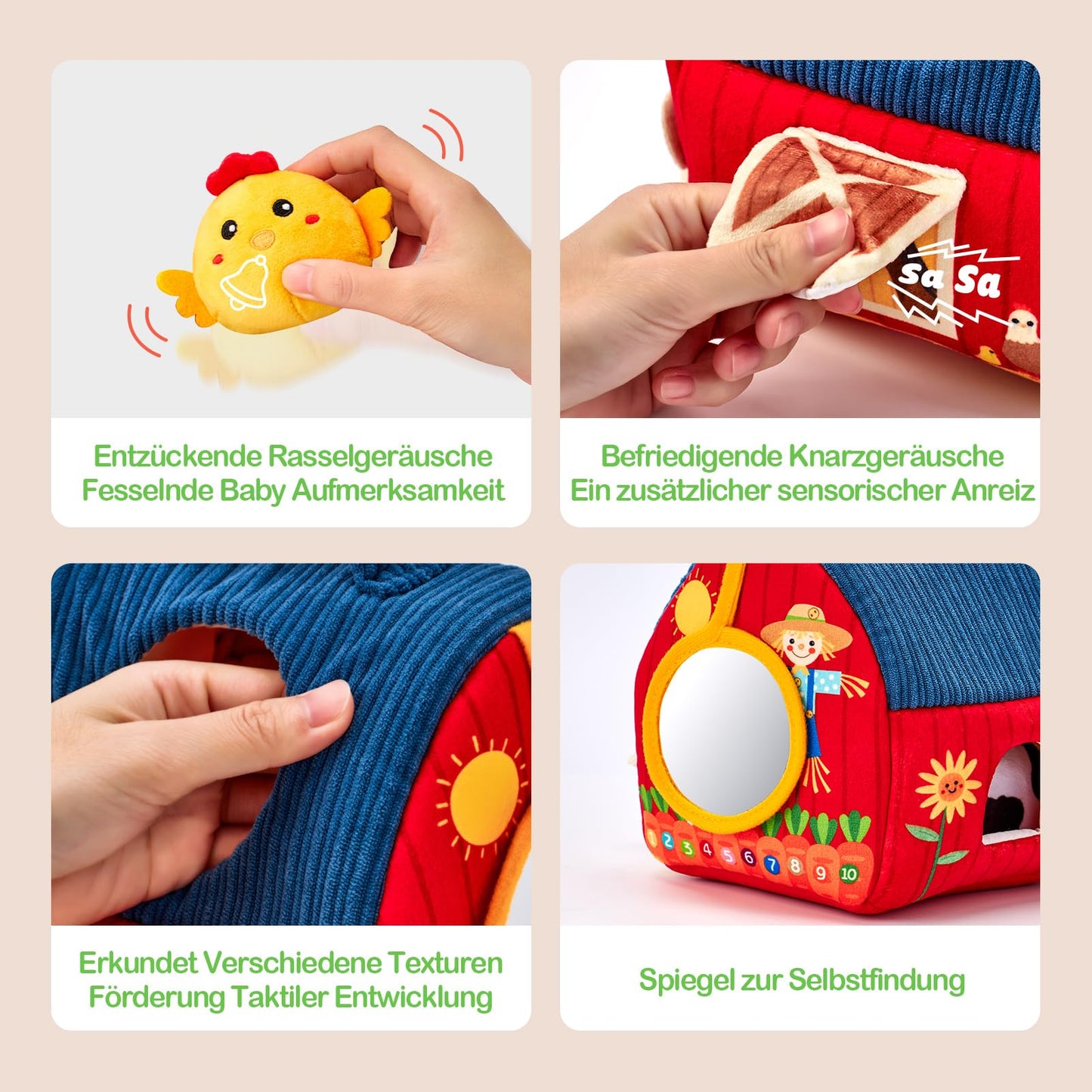 hahaland Baby Toys 6-12 Months - Farm Original Montessori Sensory Toy with Barn · 6 Animal Rattles & Mirror · Kids Motor Skills Toy 1-3 Years · Christmas and Easter Gift