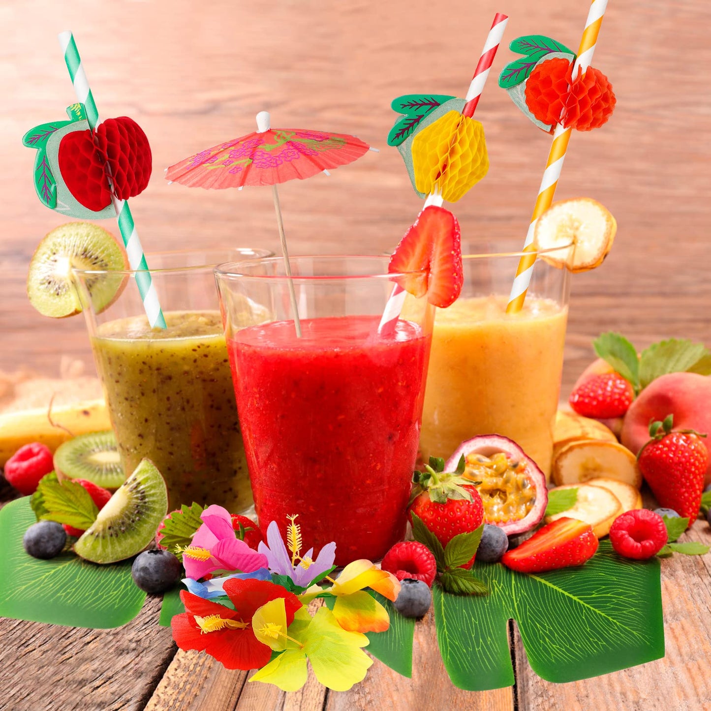 URBZUE Hawaii Party Decoration Set, 97PCS Tropical Party Decoration Set, Hawaii Luau Table Skirts, Garlands, Palm Leaves, Pineapple Flamingo Umbrella Fruit Straw Combination for BBQ, Garden Summer