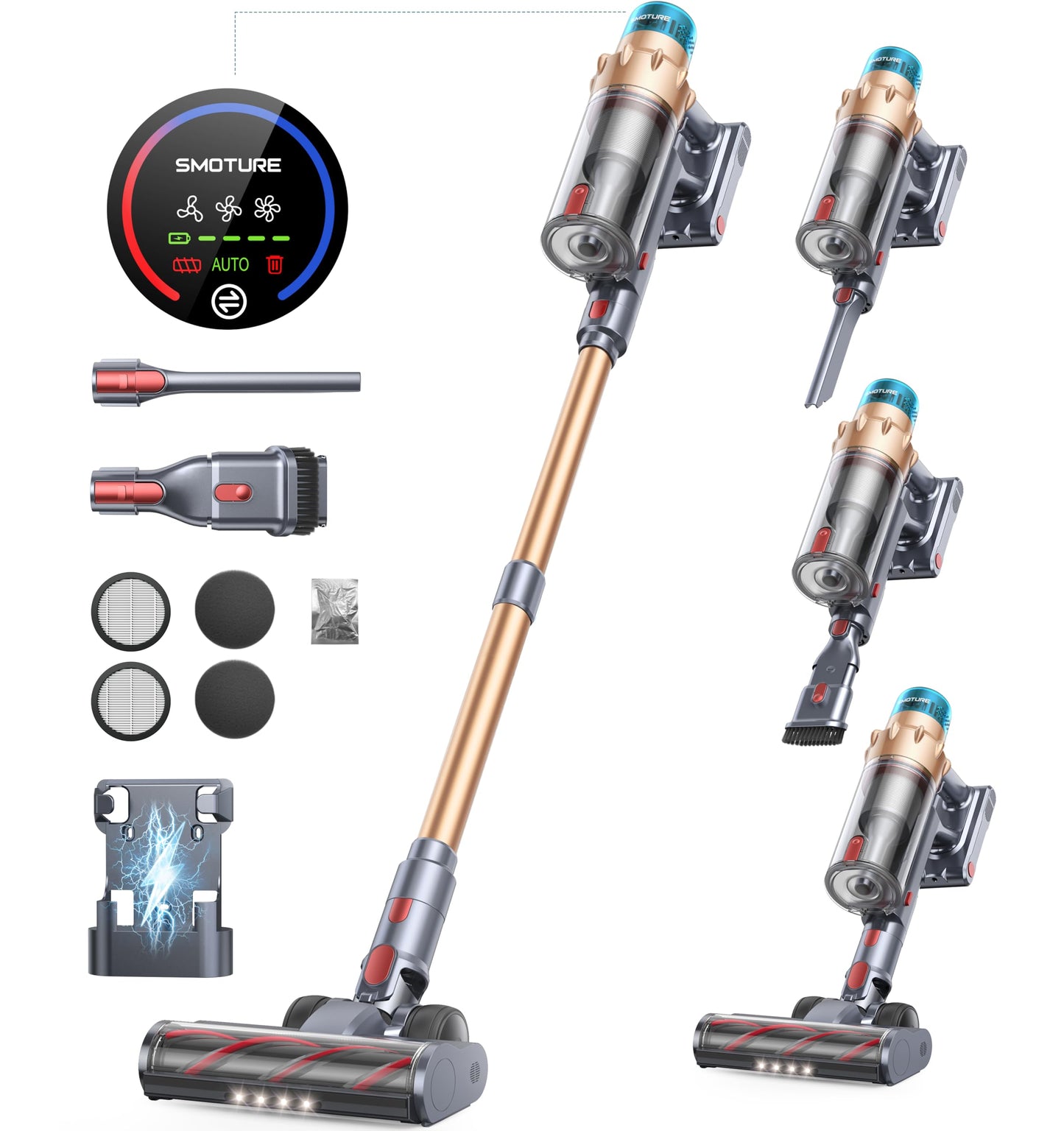 SMOTURE Cordless Vacuum Cleaner 50000Pa/600W/65Mins, Self-standing and Self-charging Vacuum Cleaner with Auto mode & Anti-tangle for Pet Hair, Carpet, Hard Floor