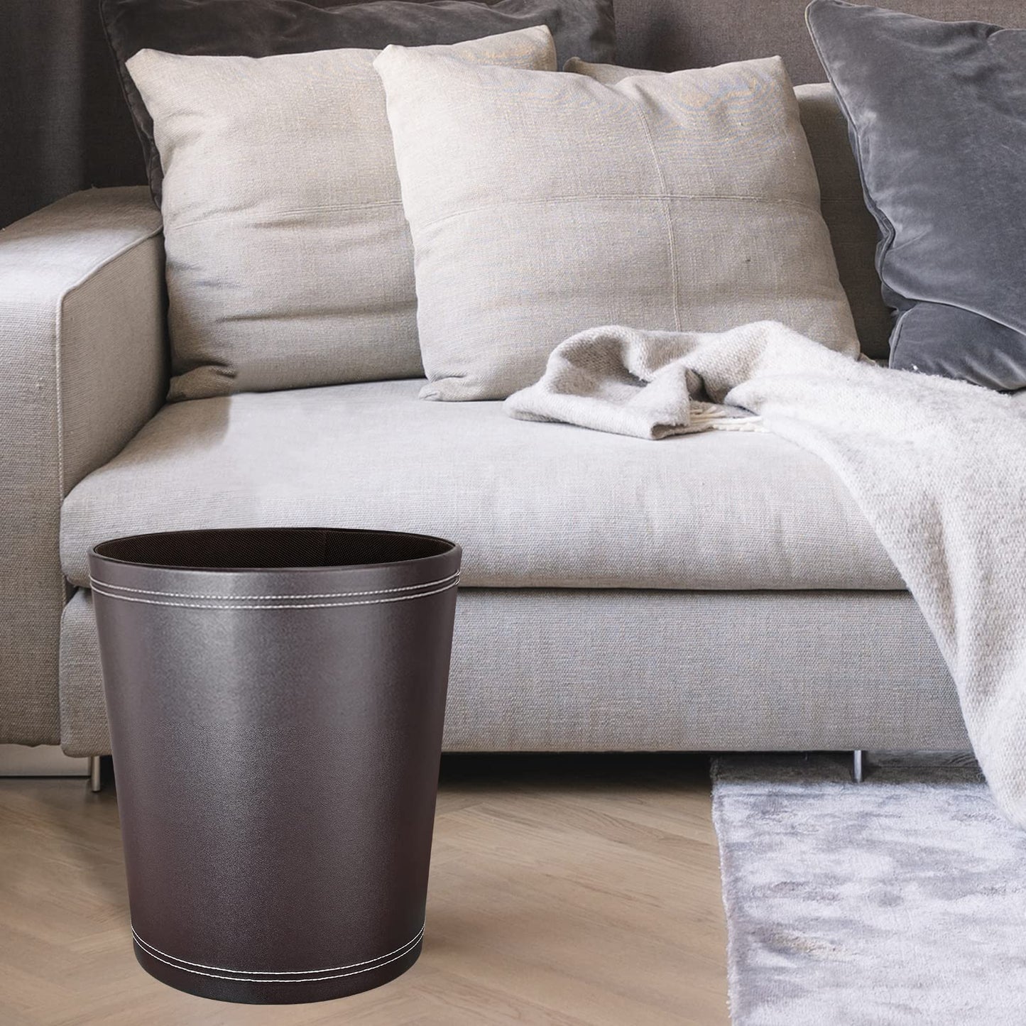GORESE Trash can Office - Black leather trash can, modern design, waste bin for kitchen, bathroom, office (Brown)